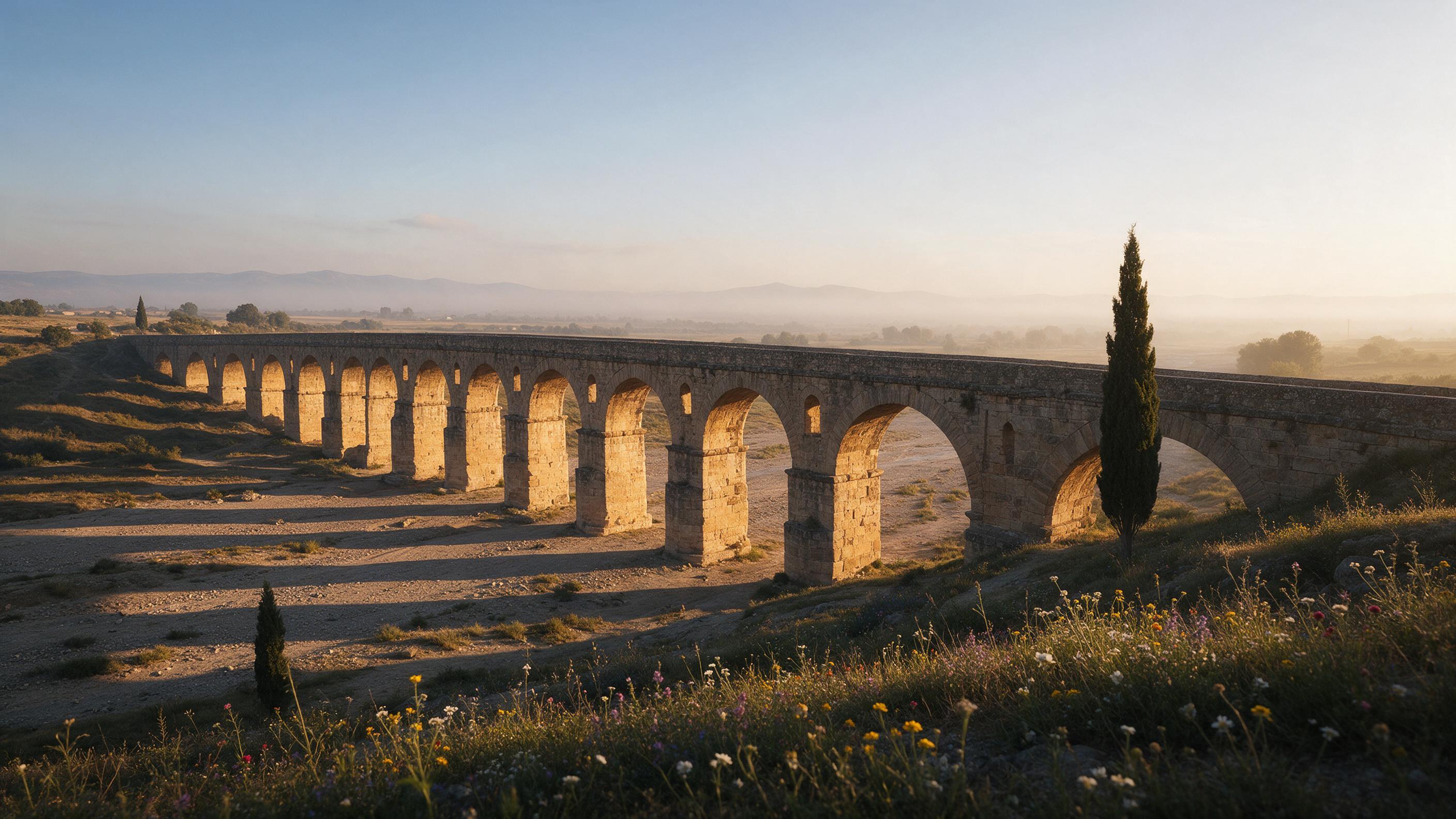 An ancient Roman aqueduct bridge at golden hour, with warm side light raking across weathered stone arches, casting long shadows over a dry riverbed. Foreground includes scattered wildflowers and a lone cypress tree. A soft haze on the horizon, with distant mountains. Wide angle composition emphasiz