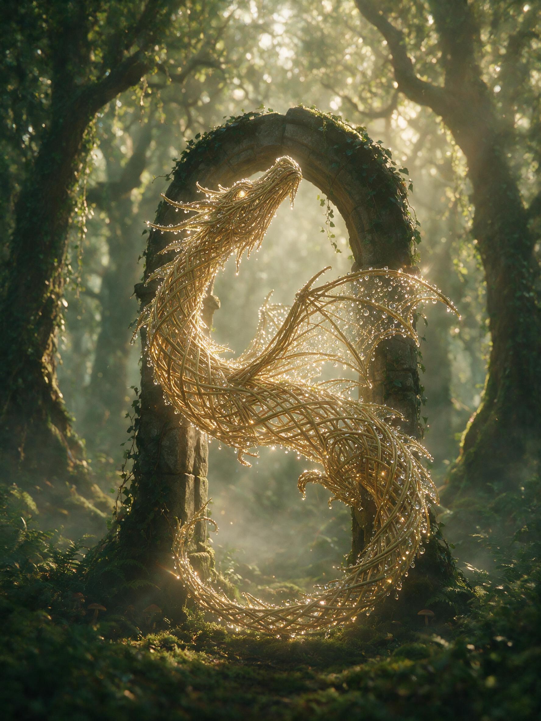 A glowing, translucent dragon made of woven willow branches and morning dew, coiled around a crumbling stone arch in a misty enchanted forest, soft golden light filtering through ancient oak leaves, shallow depth of field, slight camera shake, natural lens flare, muted green and amber tones, no shar