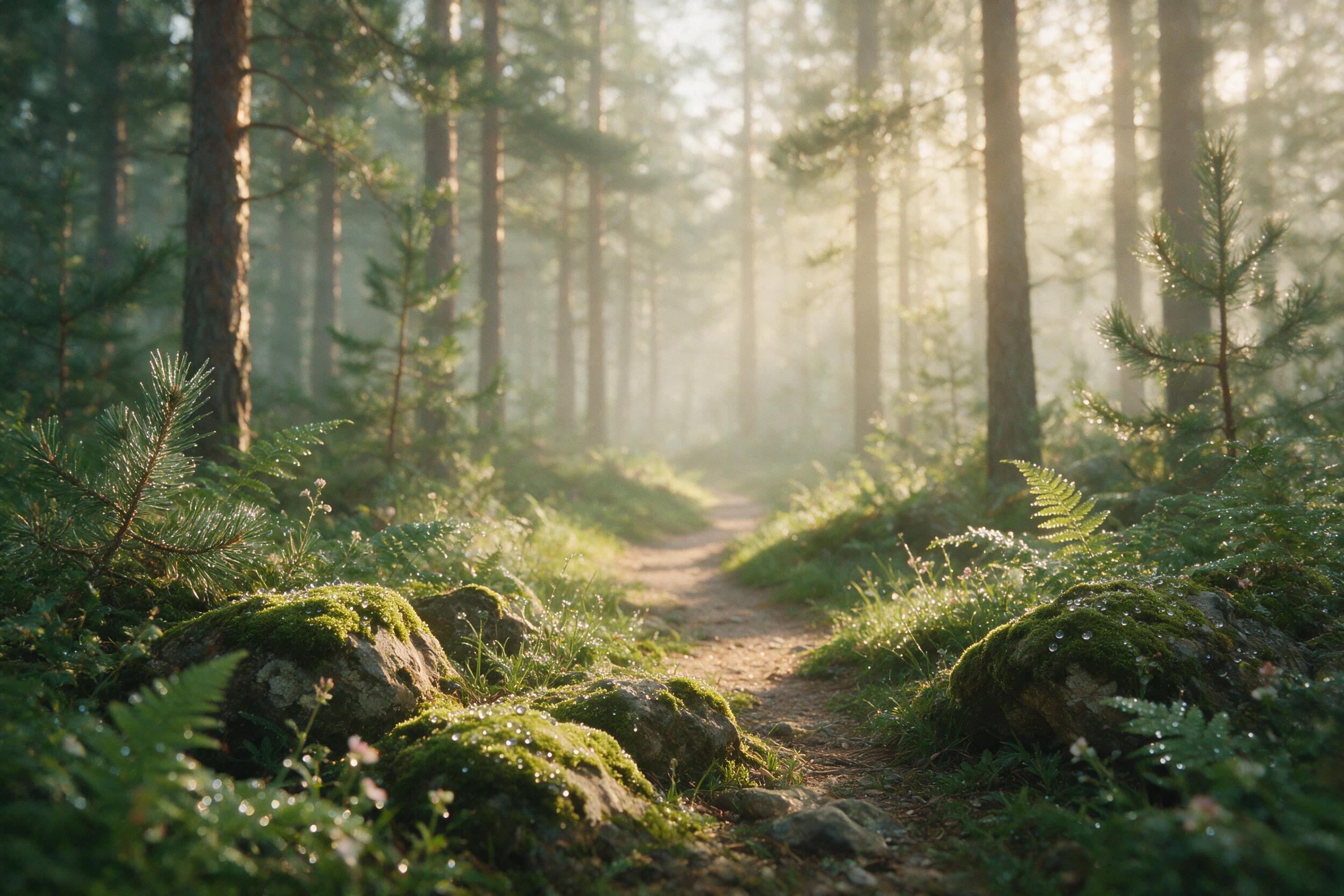 A misty pine forest at dawn, golden light filtering through fog, dewdrops on moss-covered stones, a narrow winding path disappearing into the trees, soft bokeh in the background, natural color grading, slight film grain, serene atmosphere.