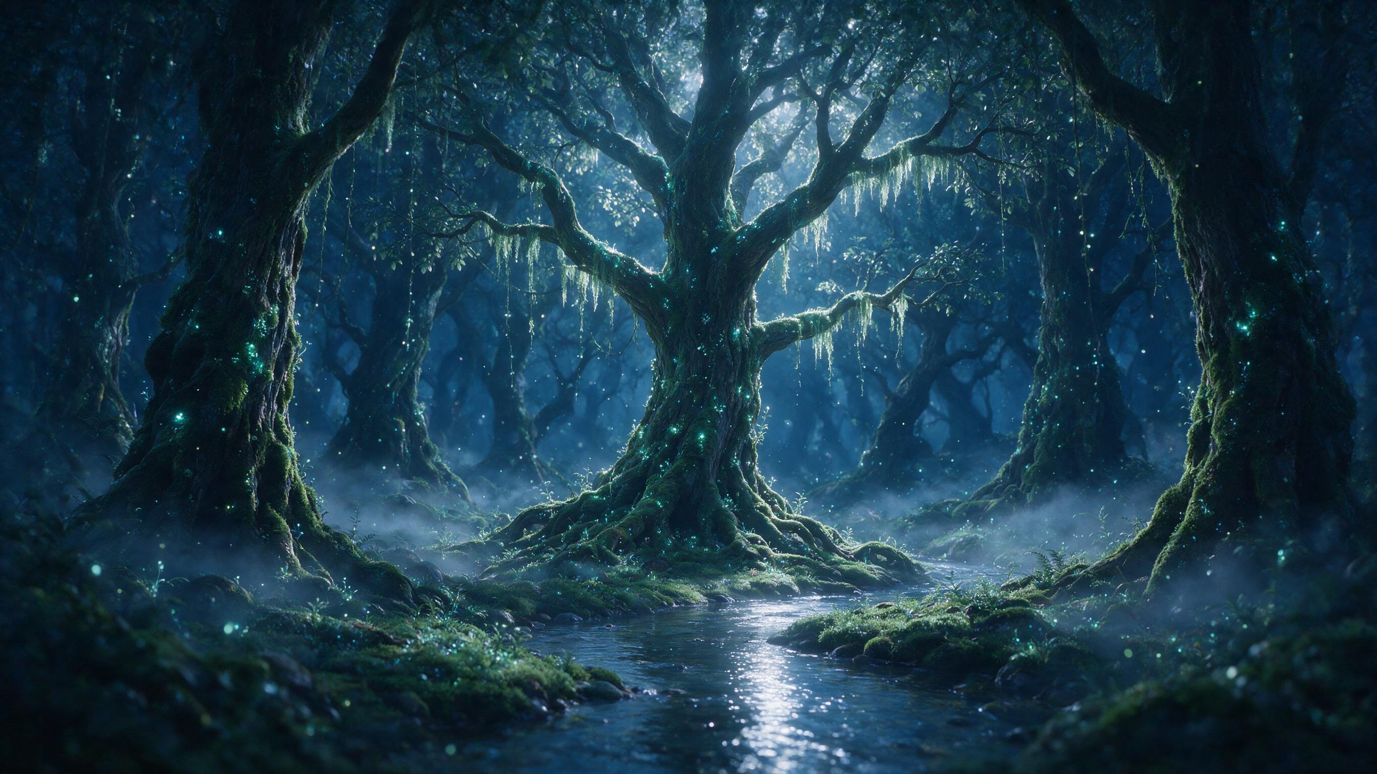 A luminous moonlit forest with ancient, gnarled trees draped in glowing moss, soft bioluminescent particles floating in the air, a winding stream reflecting the moonlight, misty ground, subtle color palette of deep blues and silvers, shallow depth of field focusing on the central tree, ethereal atmo