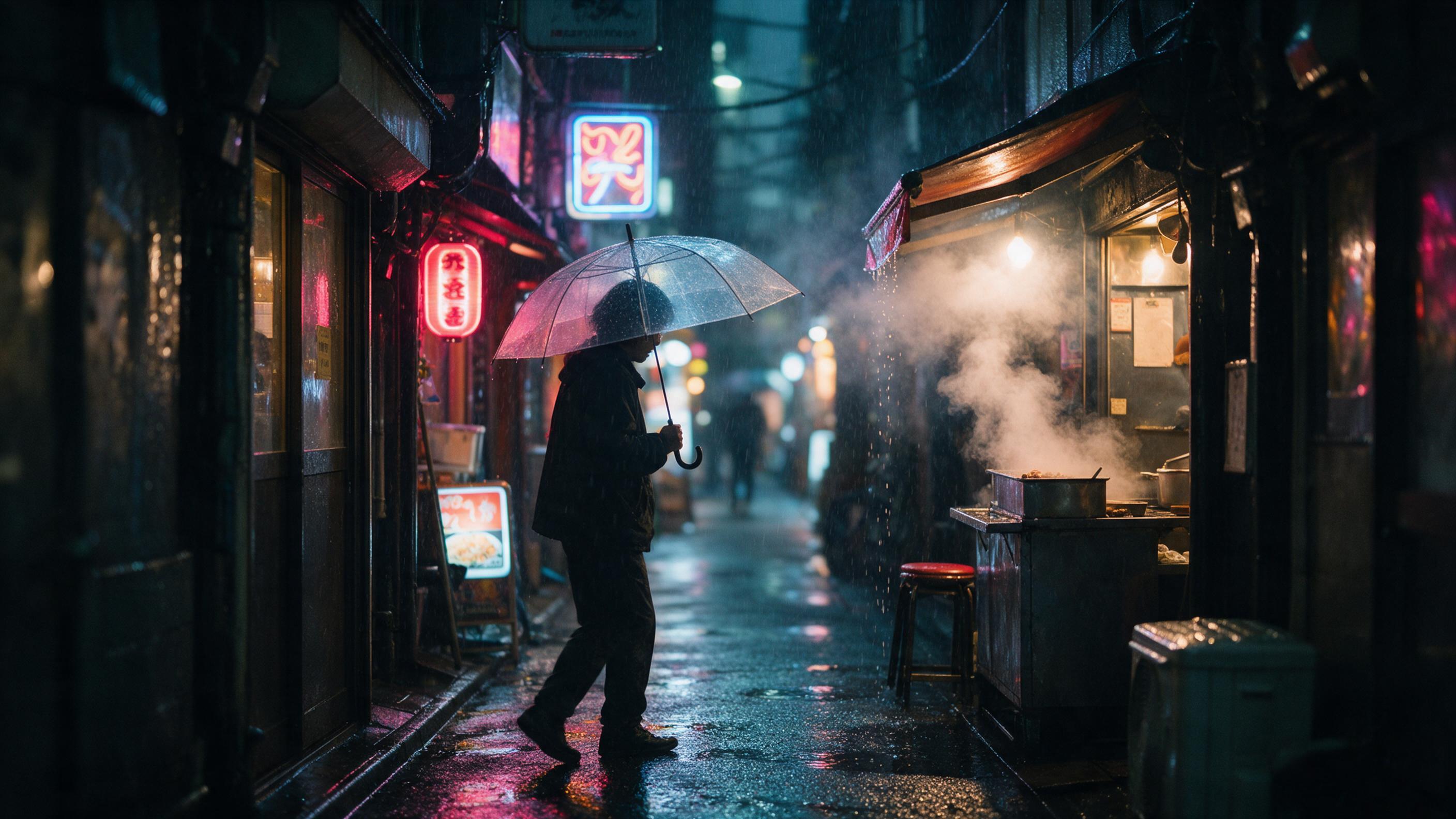 A rainy evening on a narrow Tokyo alley, neon signs reflecting on wet asphalt, a lone figure with a transparent umbrella, steam rising from a food stall, shallow depth of field, cinematic composition, natural motion blur from rain.