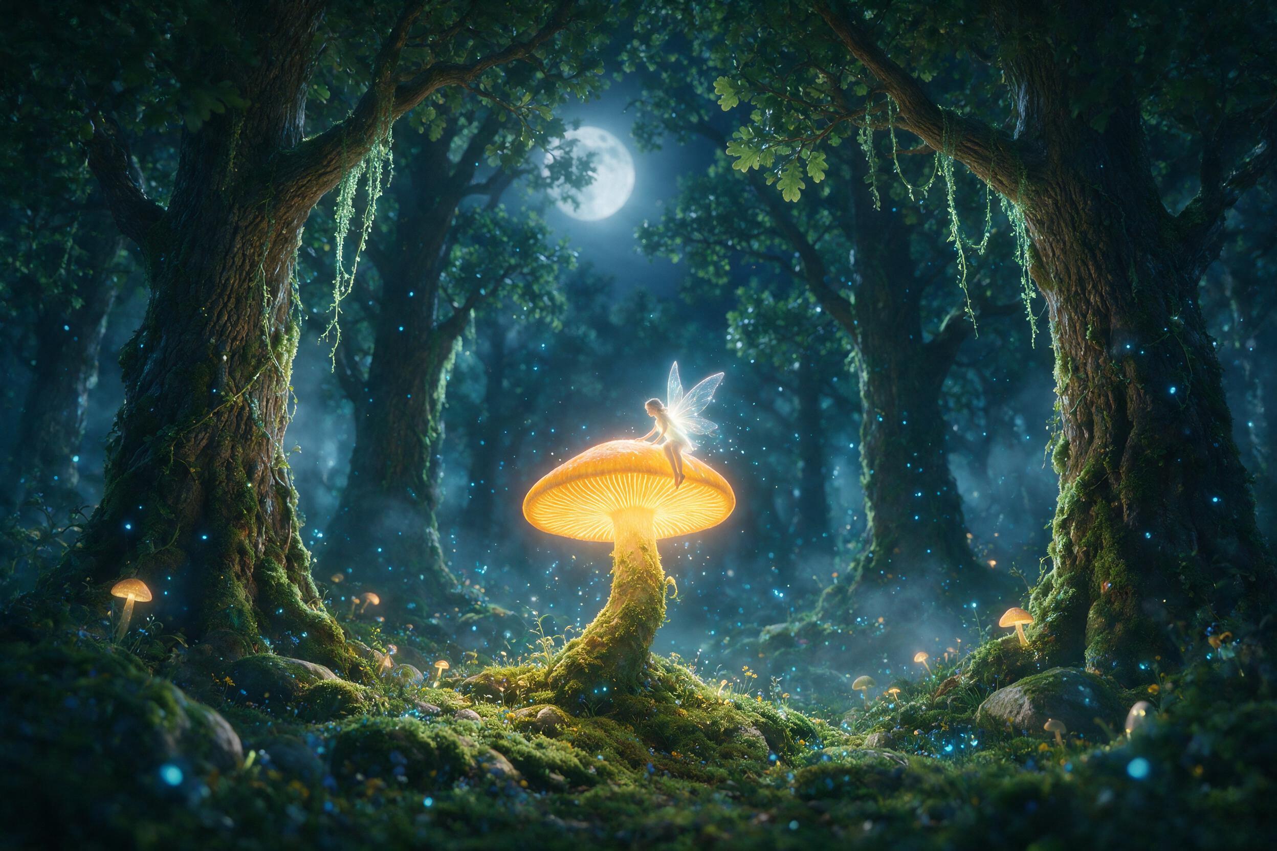 A luminous fairy with translucent wings perched on a glowing mushroom in a moonlit enchanted forest, soft blue bioluminescent spores floating in the air, mossy ground, misty atmosphere, shallow depth of field, ethereal lighting