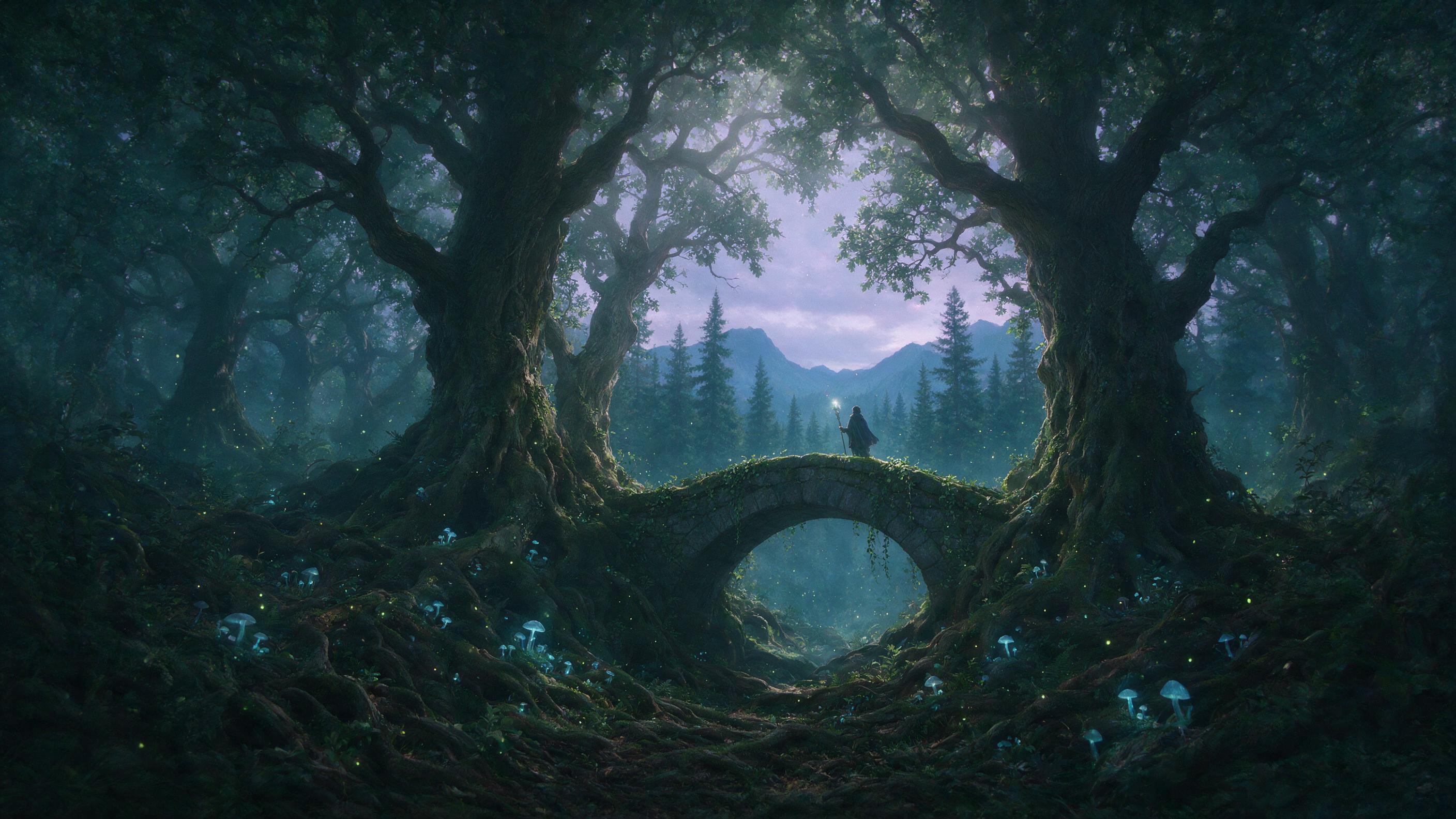Ancient forest at twilight, massive gnarled oak roots entwined with luminous blue mushrooms, a cloaked figure holding a glowing staff stands on a mossy stone arch, fireflies drifting, soft volumetric light filtering through mist, muted greens and teal palette, painterly digital art