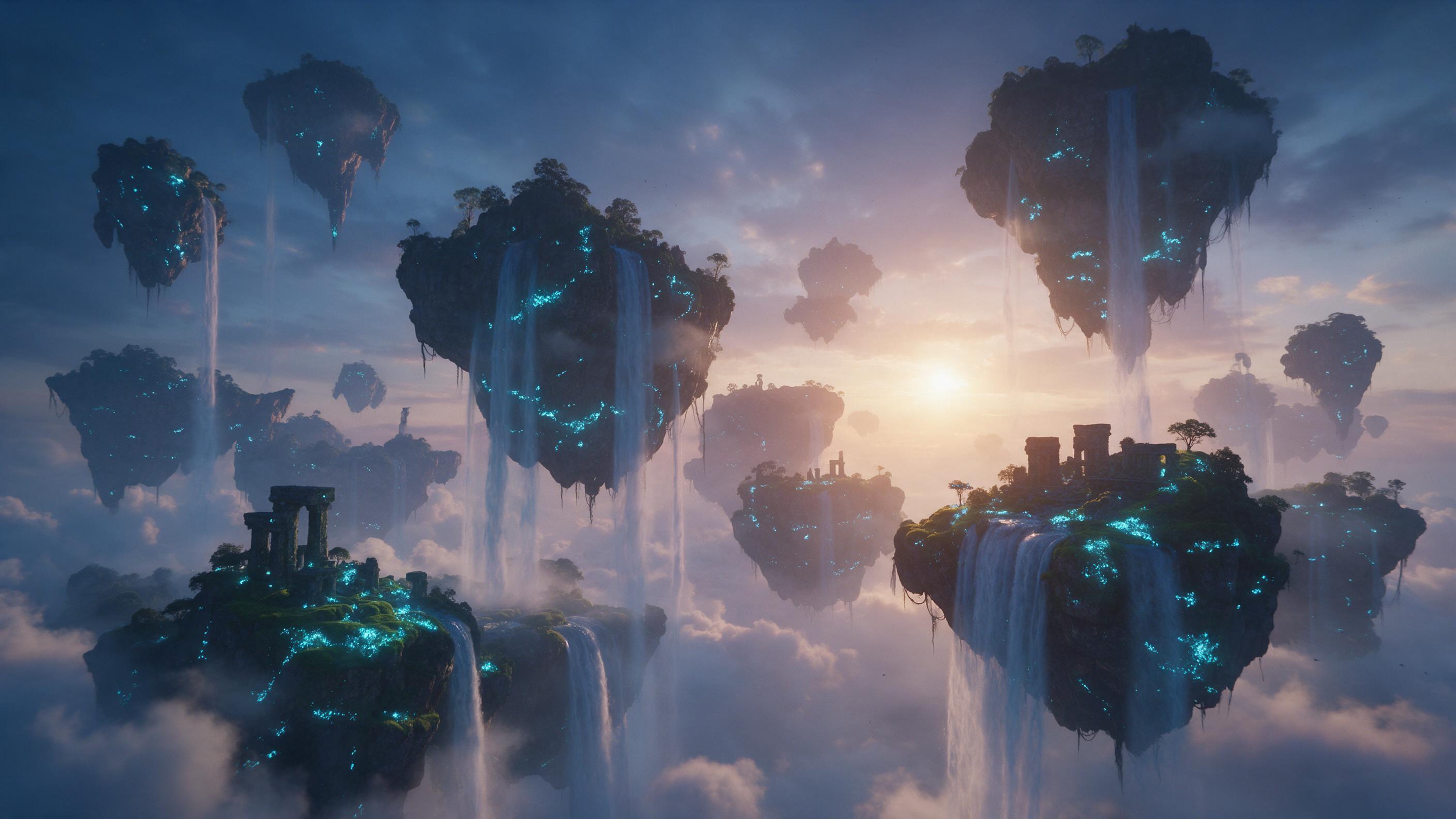 Luminous floating islands suspended in a twilight sky, waterfalls cascading into clouds below, glowing cyan moss and ancient stone ruins on the cliffs, soft mist, warm golden light from a distant setting sun, shot with a wide-angle lens, ethereal atmosphere, no people