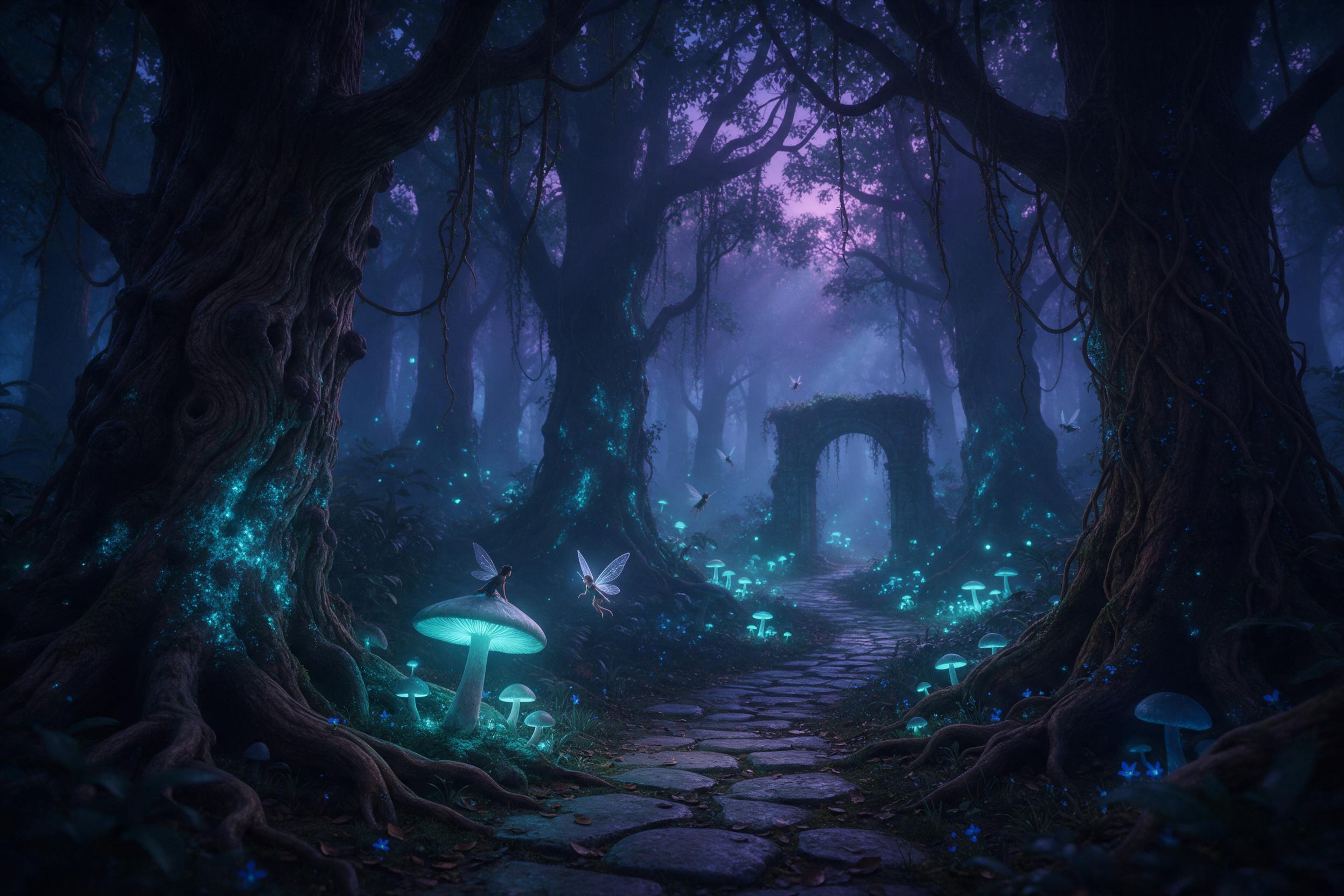 A misty bioluminescent forest at twilight, ancient giant trees with glowing blue moss and hanging vines, soft purple and teal light filtering through fog, small fae with translucent wings flitting between glowing mushrooms, a winding stone path leading to a distant archway, cinematic wide shot, ethe