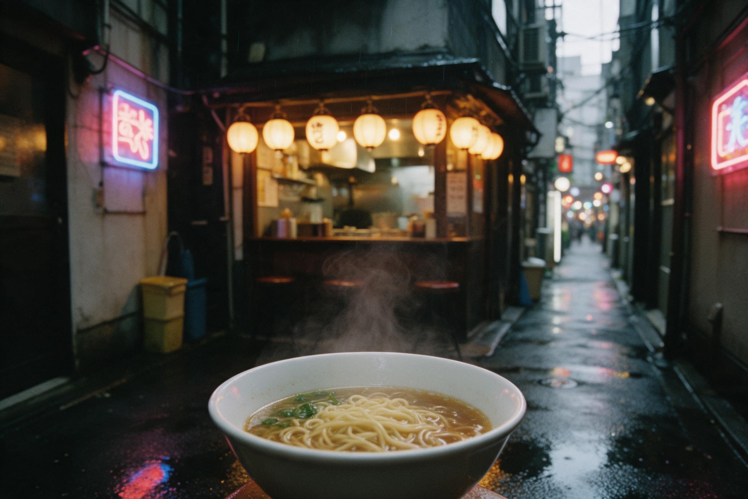 A cozy rainy afternoon in a narrow Tokyo alley, neon signs reflecting on wet asphalt, a small ramen shop with warm glowing lanterns, steam rising from a bowl of noodles, soft bokeh from distant streetlights, slight camera shake, natural lighting, 35mm film grain