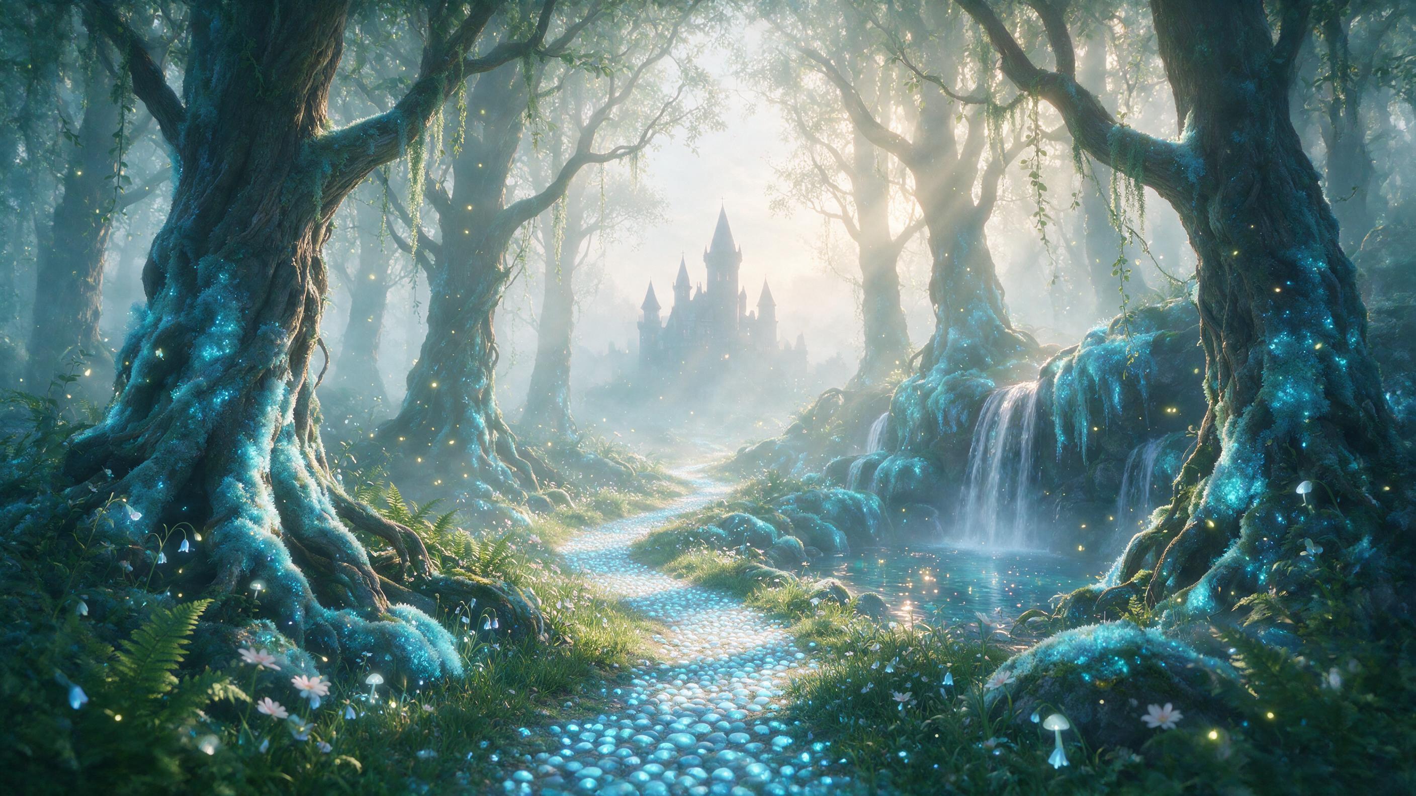 A misty enchanted forest at dawn, towering ancient trees with glowing blue moss, a winding path of luminescent stones leading to a distant castle silhouette, soft golden sunbeams piercing through fog, fireflies drifting in the air, gentle waterfalls cascading into a crystal pool, ethereal color pale