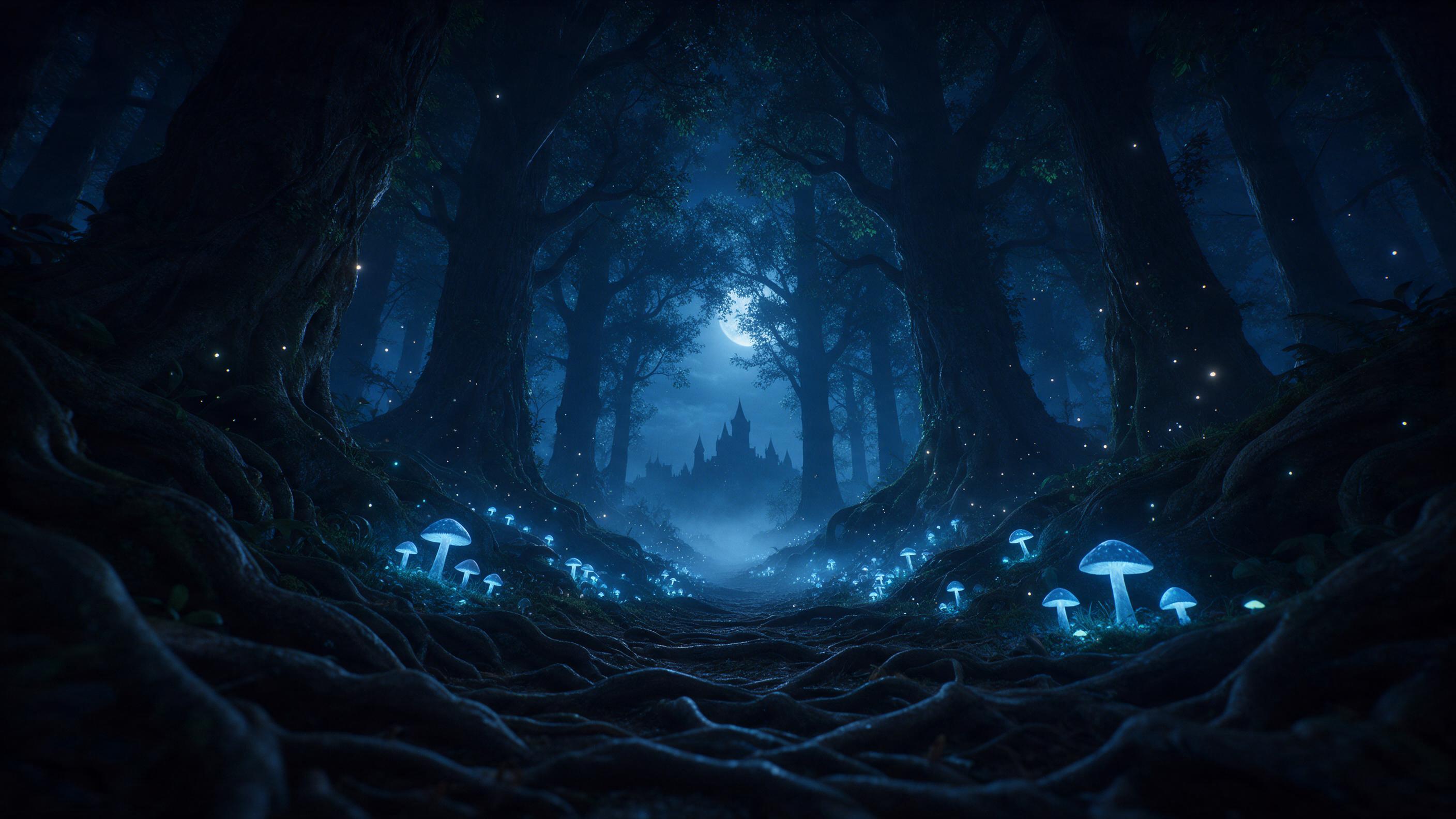 A moonlit enchanted forest with towering ancient trees, bioluminescent mushrooms casting a soft blue glow, a misty path leading to a distant castle silhouette, tiny fairy lights floating in the air, deep shadows contrasting with the eerie light, viewed from a low angle among twisted roots, natural a