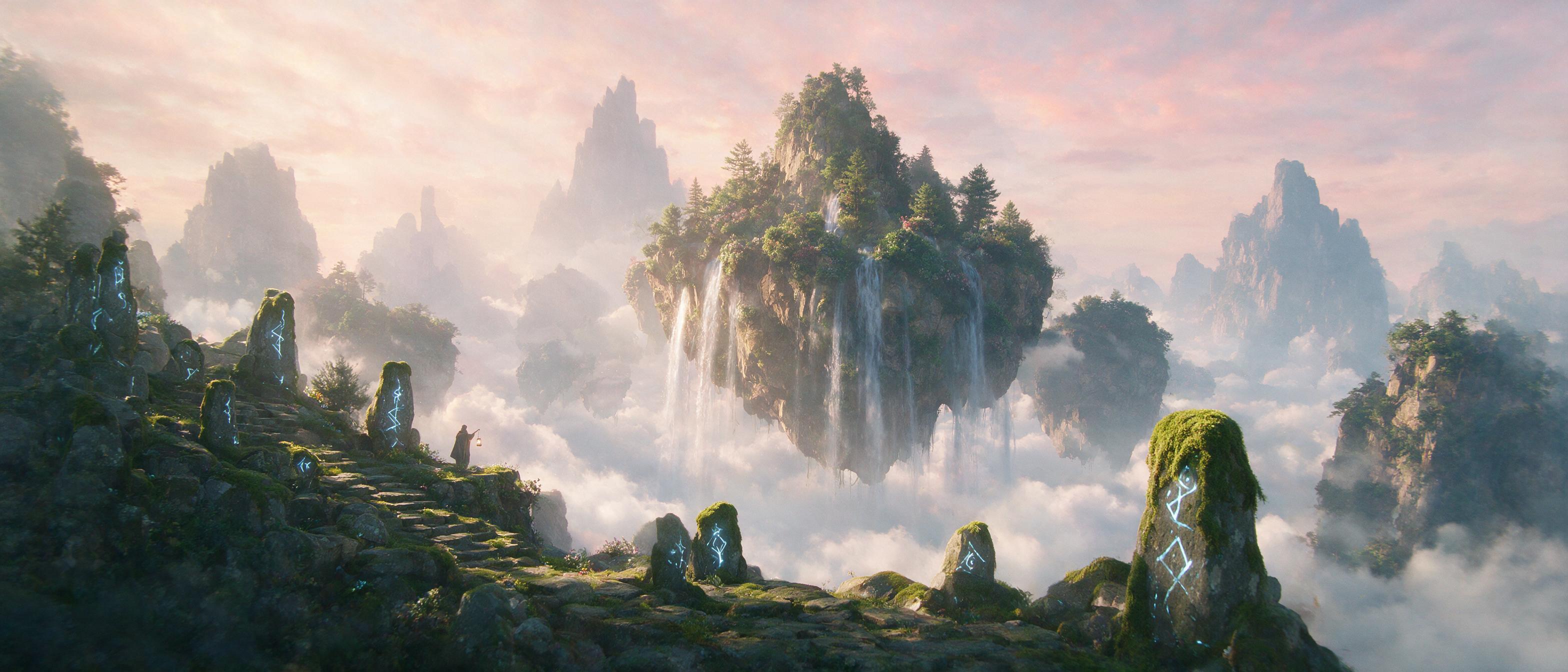 A misty floating island at dawn, cascading waterfalls spilling into clouds, ancient glowing runes on mossy stones, a lone robed figure with a lantern on a cliff edge, soft golden light piercing pastel fog, distant silhouettes of hovering mountains, ethereal atmosphere, cinematic composition