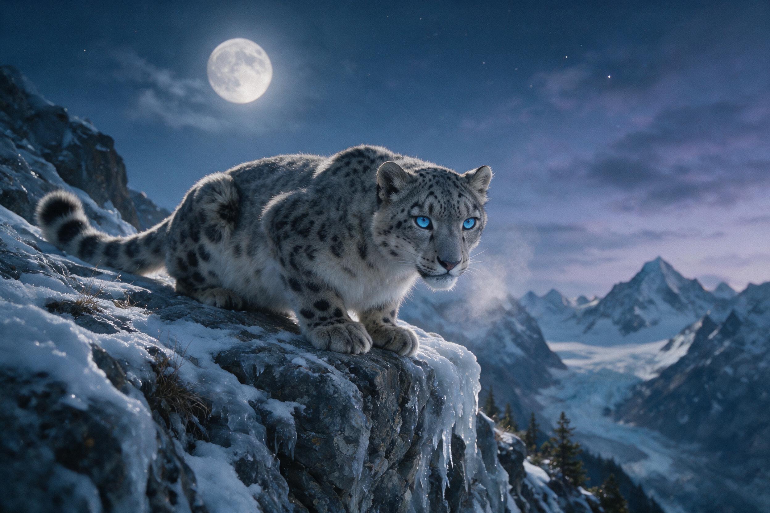 A snow leopard crouches on a rugged, icy cliff under a pale moon. Its fur is thick and spotted, breath a faint mist. Grainy film texture, slight noise, natural twilight lighting, shallow depth of field, focus on the leopard's piercing blue eyes.