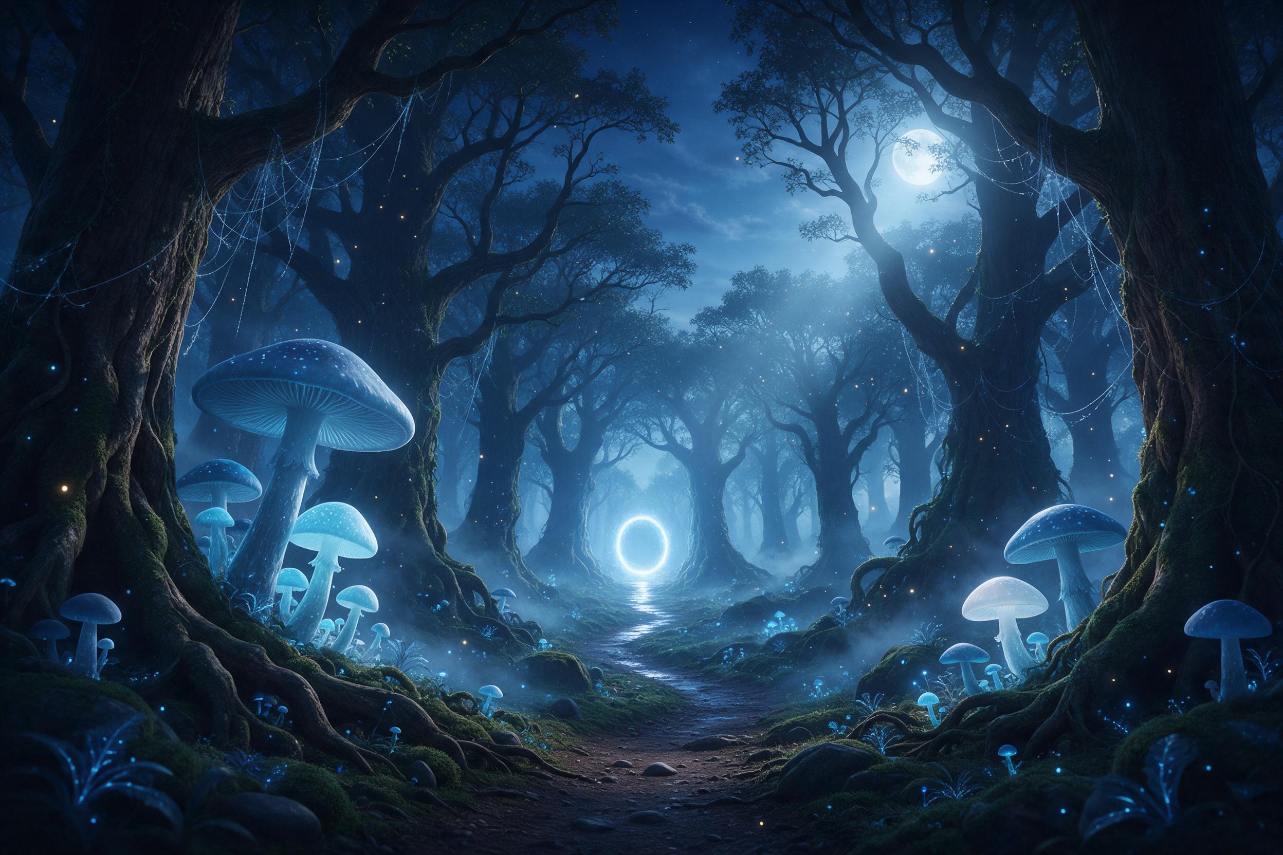 An ethereal bioluminescent forest at twilight, giant glowing mushrooms casting soft blue light on mossy ground, ancient trees with tangled roots, mist weaving between trunks, fireflies drifting in beams of moonlight, a winding path leading to a distant glowing portal, dreamlike atmosphere, luminous 