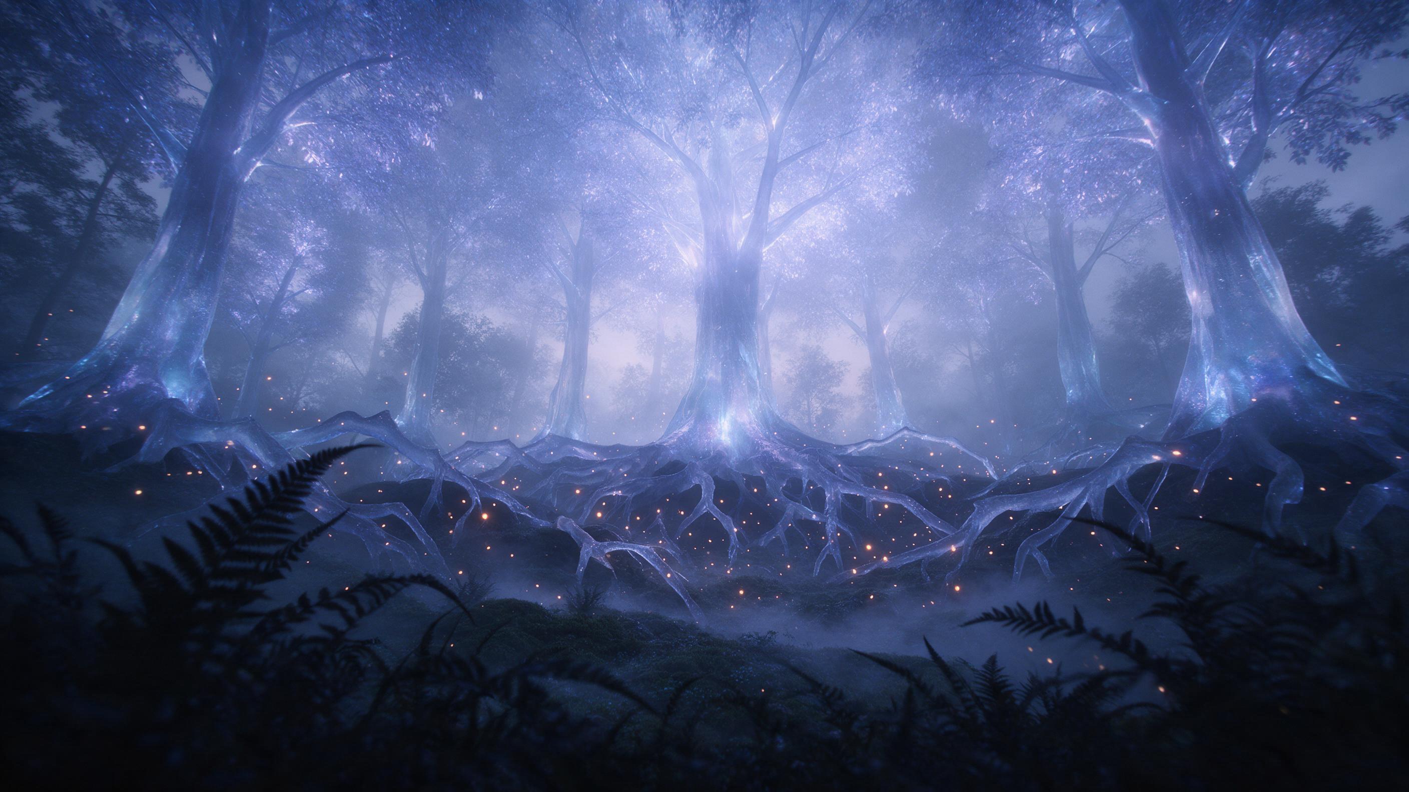 A glowing crystal forest at twilight, where giant translucent trees emit soft blue-violet light, fireflies drift between jagged roots, mist curling over moss-covered ground. Camera low angle, wide shot, foreground silhouettes of ferns, background fading into fog. Cool tones with warm amber sparks, e
