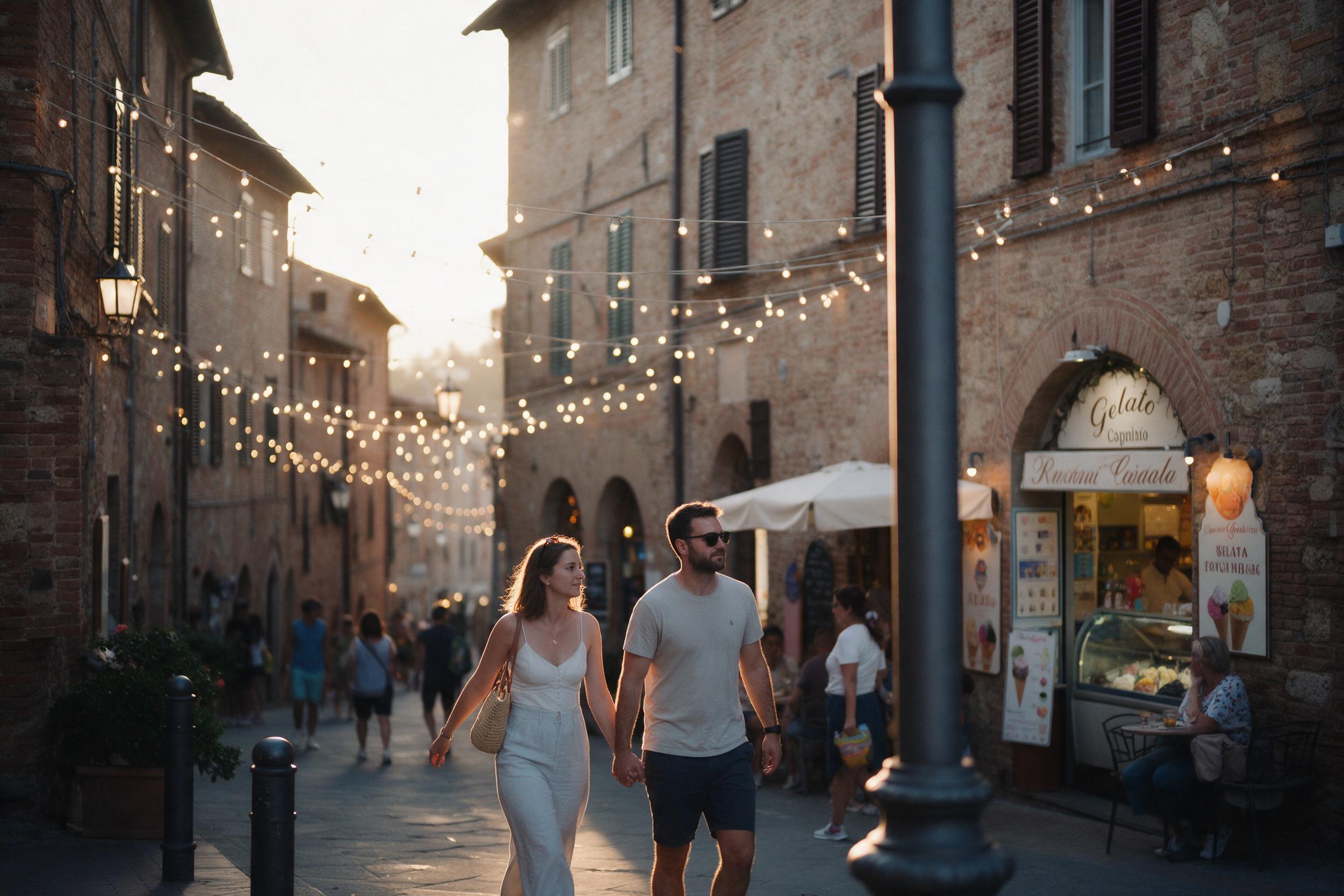 A cozy evening street scene in a small Italian town, warm string lights hanging between old brick buildings, a couple walking hand in hand past a gelato shop, soft golden hour glow, gentle bokeh, slight film grain, natural framing with a lamppost in the foreground