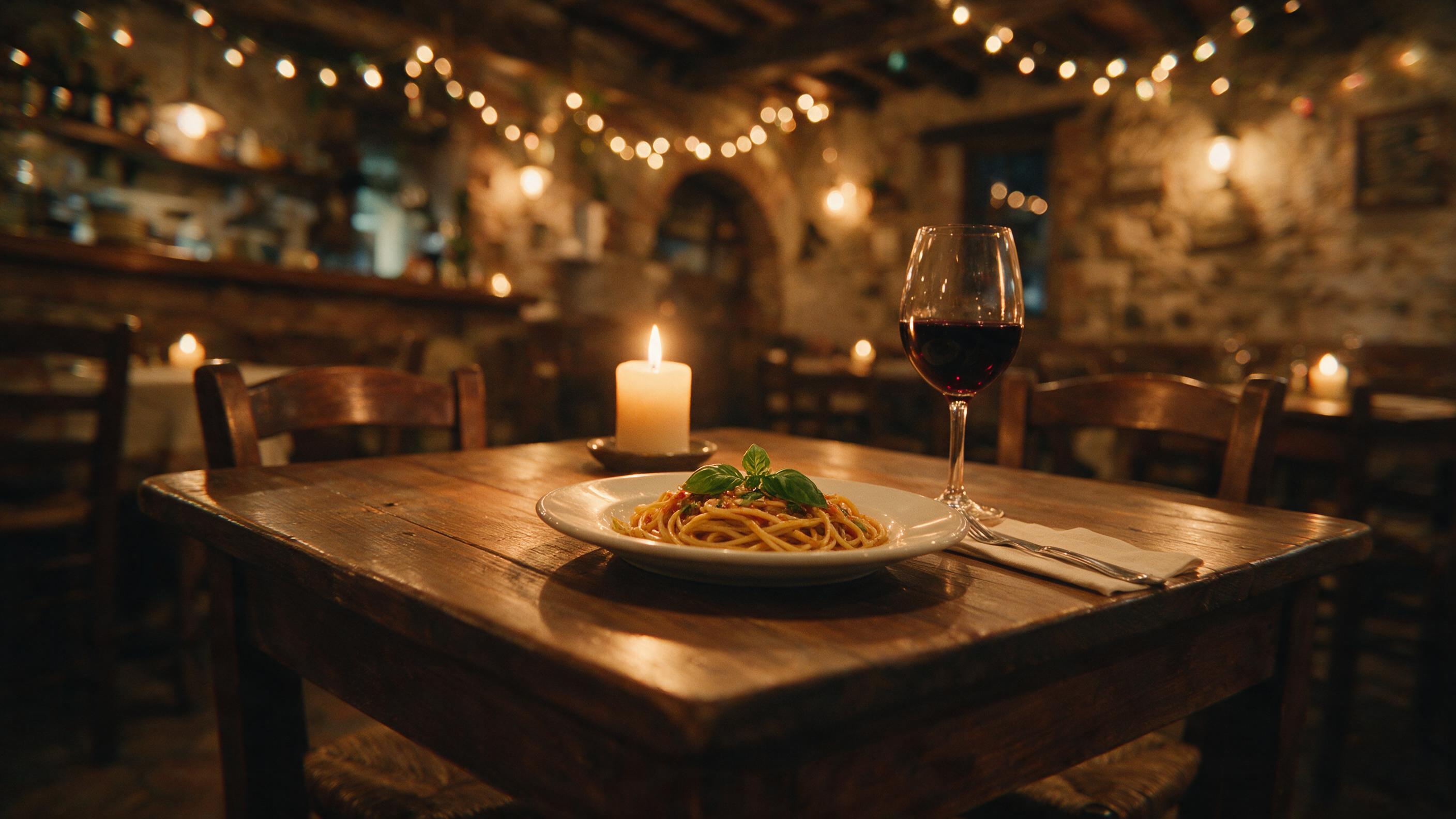 A cozy, candlelit dinner table at a rustic Italian trattoria, soft bokeh from string lights, a glass of red wine and a plate of pasta with basil, warm amber tones, natural film grain, slight camera shake, captured from a low angle, intimate and romantic atmosphere.