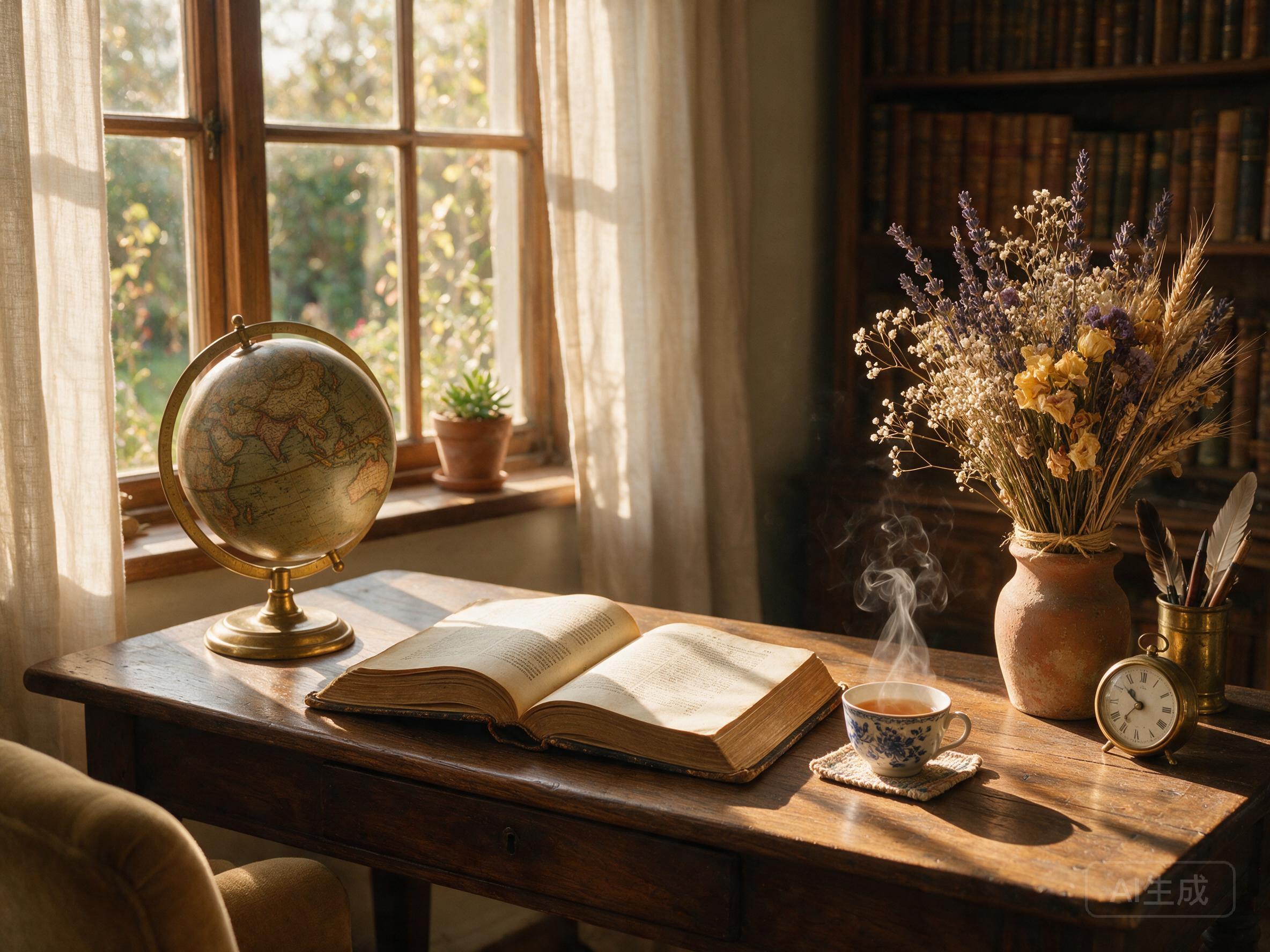 A study desk with antique globe, open book, steaming tea, and dried flowers, warm afternoon light, vanitas still life