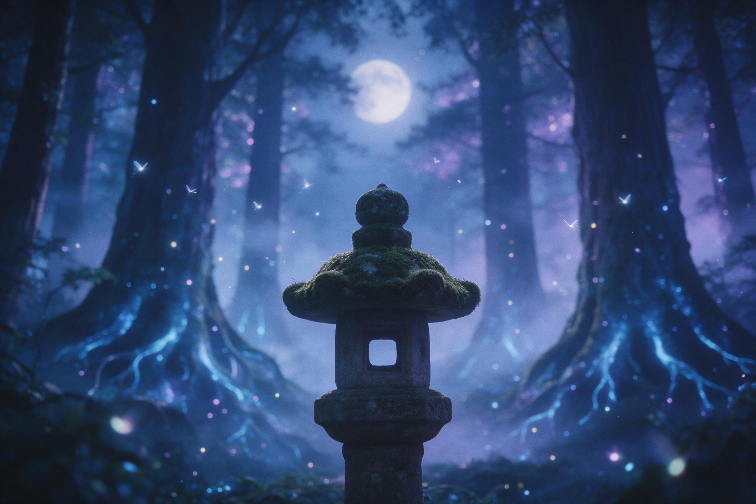 Moonlit bioluminescent forest, towering ancient trees with glowing blue roots, ethereal mist weaving through, small fairy-like lights fluttering, enchanted atmosphere, soft blue and violet palette, shallow depth of field focusing on a mossy stone lantern, film grain