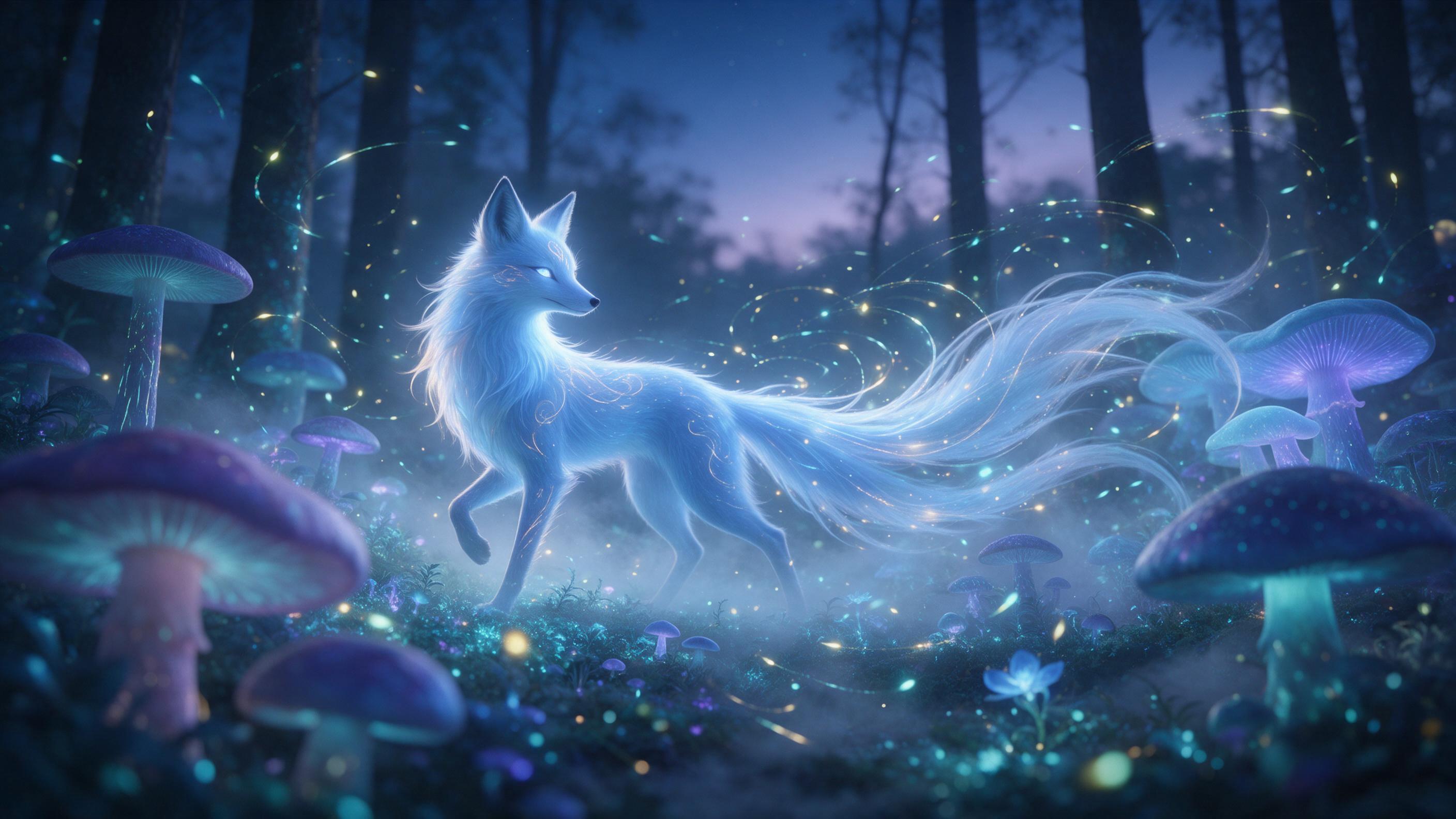 A lone glowing blue spirit fox with flowing ethereal tail wanders a bioluminescent forest at twilight, soft mist curling between giant luminous mushrooms, fireflies tracing swirling patterns, gentle teal and violet palette, shallow depth of field, cinematic composition.