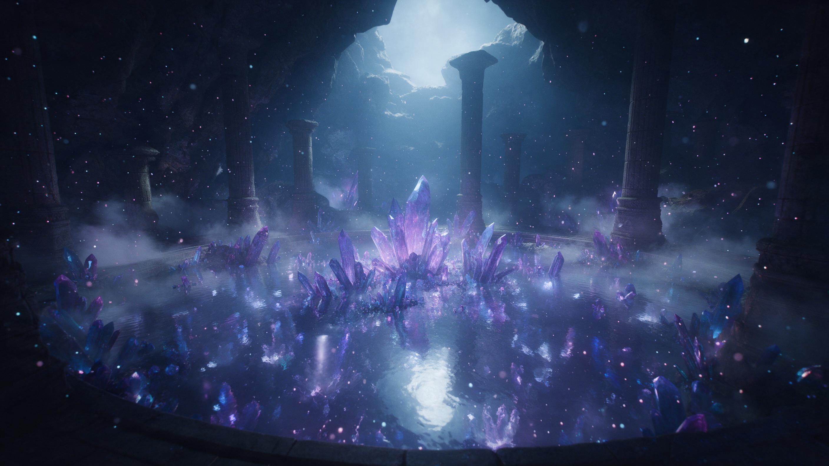 A moonlit crystal cavern with luminescent purple and blue crystals rising from a reflective pool, mist swirling around ancient stone pillars, glowing spores floating in the air, soft ethereal light, dramatic contrasts, wide-angle view from the pool edge, birds-eye perspective on the crystal formatio