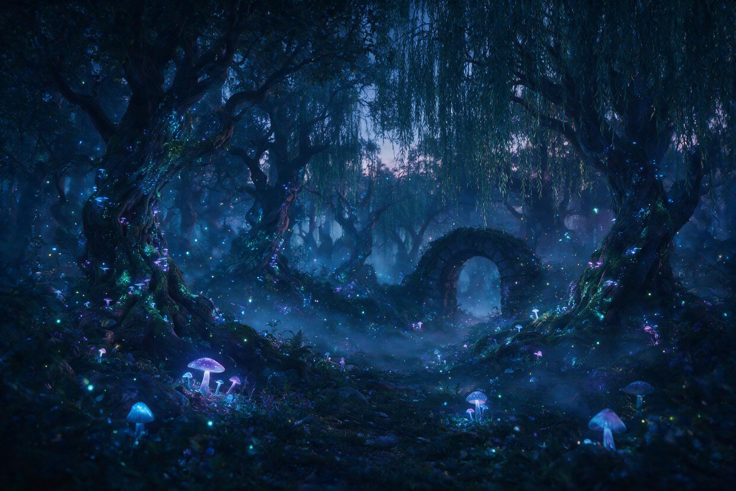 Enchanted forest at twilight, bioluminescent mushrooms and floating fireflies casting soft blue and purple light, ancient twisted trees with glowing moss, ethereal mist weaving through the undergrowth, a single stone archway half-hidden in the shadows, whispering willows overhead, natural nocturnal 