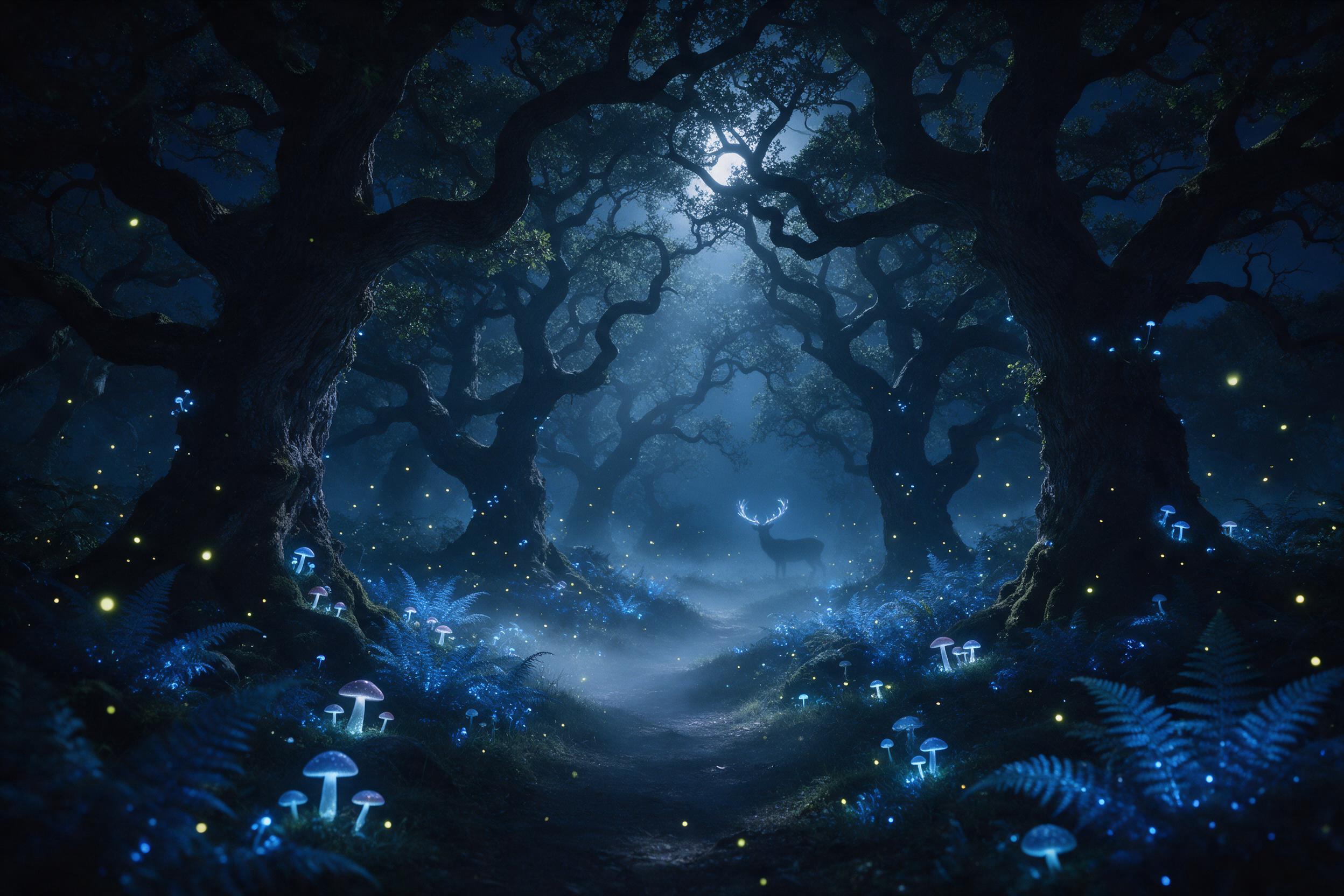 A moonlit enchanted forest with bioluminescent mushrooms and glowing blue ferns, a misty path winding between ancient twisted oaks, fireflies drifting in the air, soft volumetric light penetrating the canopy, faint silhouette of a deer with antlers glowing softly, ethereal atmosphere, shot on medium