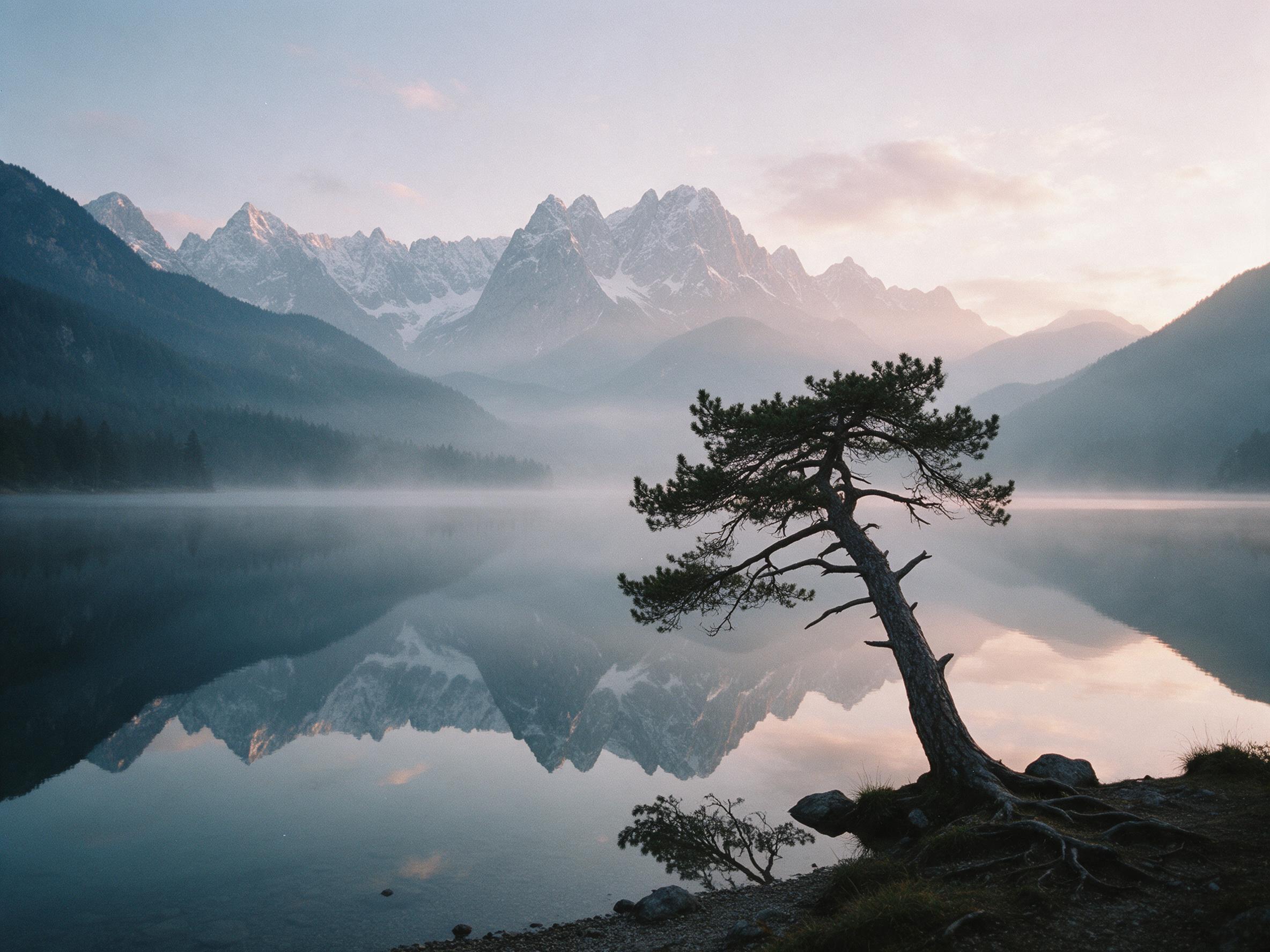 A quiet alpine lake at dawn, mirror-still water reflecting jagged snow-capped peaks, soft pink and gold light breaking through thin mist, a lone weathered pine leaning over the shore, composition centered with layered ridges fading into haze, natural grain and gentle cool color palette