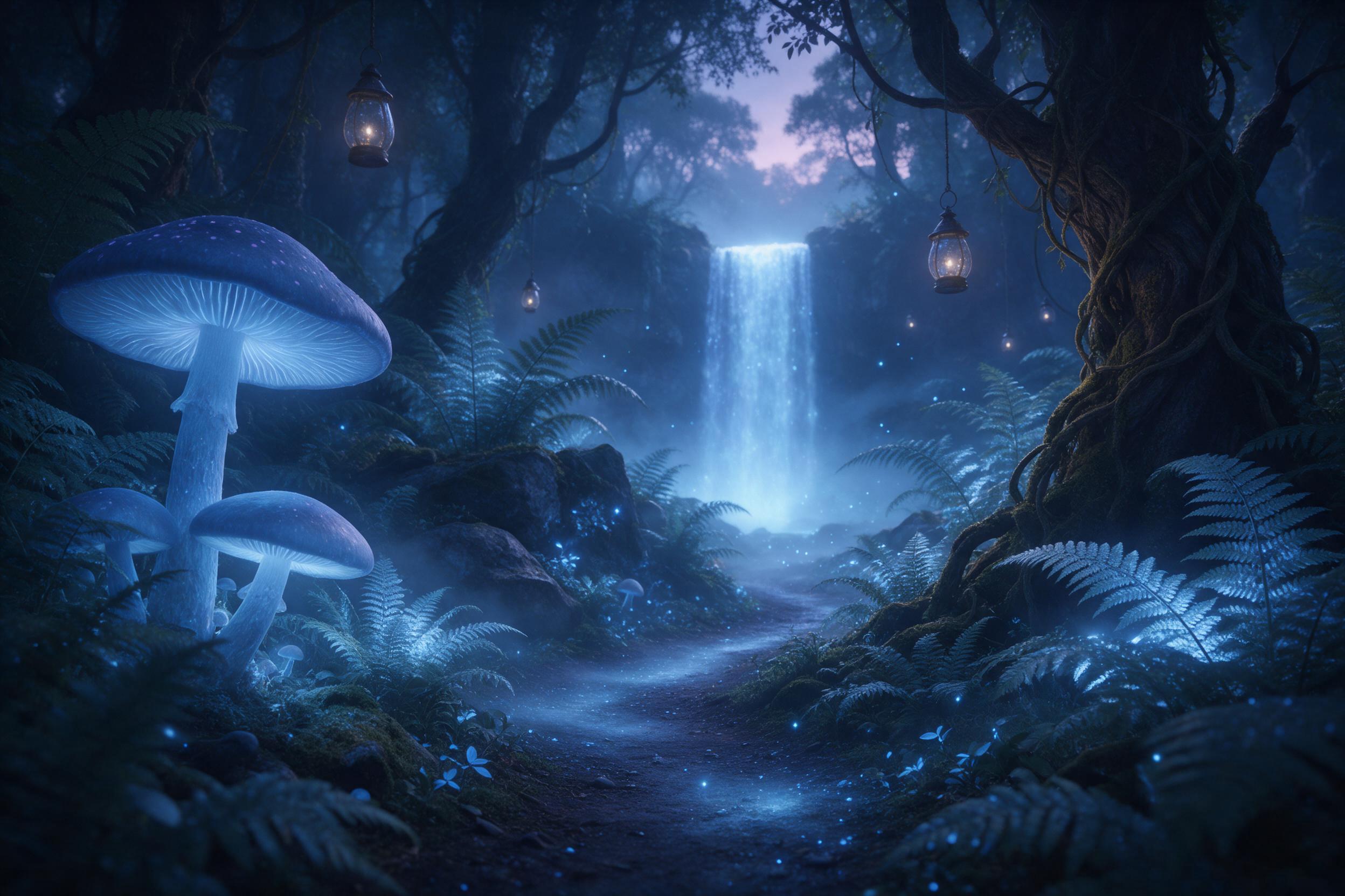 An ancient forest at twilight, massive glowing mushrooms and floating lanterns cast ethereal blue light, mist weaving through giant ferns, a shimmering faerie path leading to a distant luminous waterfall, subtle fog, cinematic depth