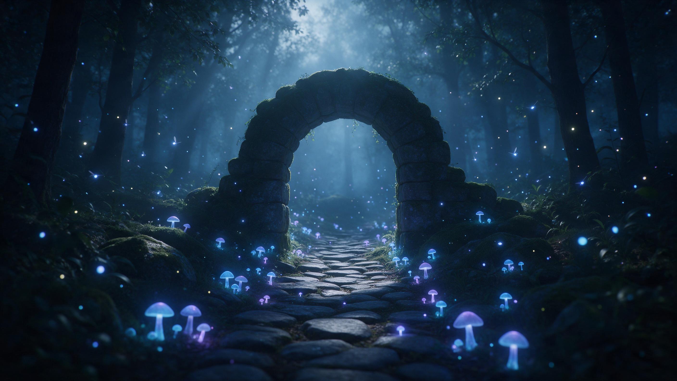 A misty twilight forest where bioluminescent mushrooms glow in soft blues and purples, a winding stone path leading to an ancient, moss-covered archway. Diffuse moonlight filters through the canopy, creating ethereal beams. Delicate fireflies float in the air, echoing the mushroom light. Composition