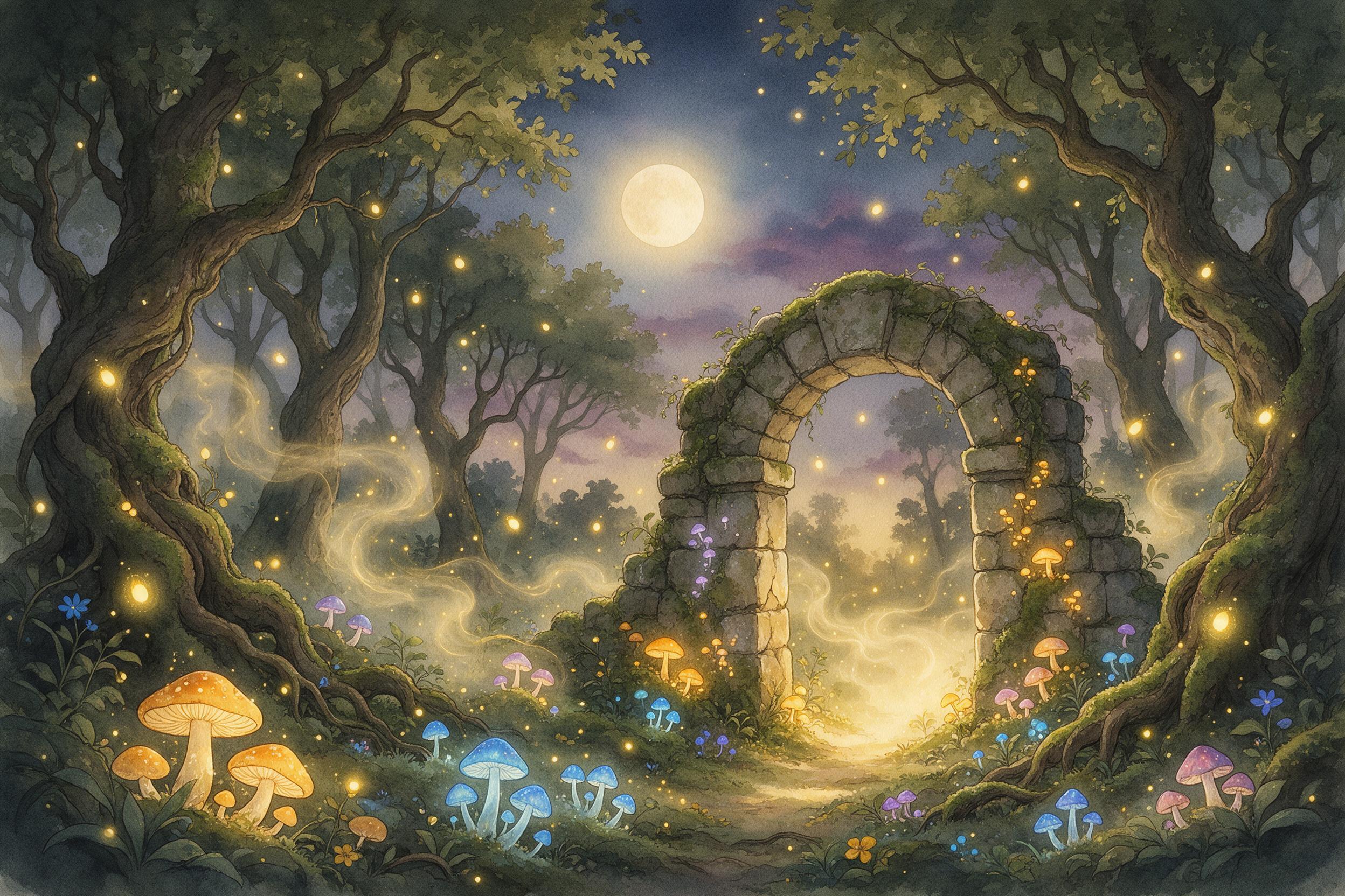 Enchanted forest clearing at twilight, bioluminescent glowing mushrooms and floating fireflies, ancient moss-covered stone archway, ethereal golden mist curling between gnarled trees, soft dappled light, dreamy atmosphere, watercolor and ink style, no sharp edges