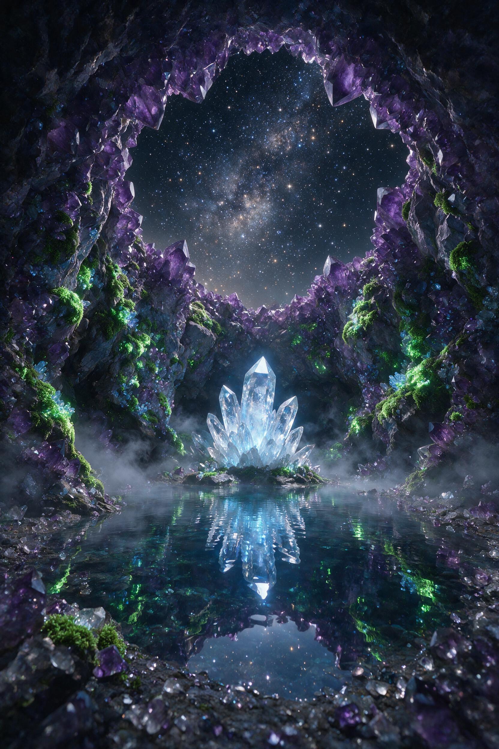 A luminous crystal cave beneath a star-filled sky, bioluminescent moss clinging to jagged amethyst walls, soft blue light reflected in a still underground pool, mist swirling gently, ethereal atmosphere, low angle perspective.