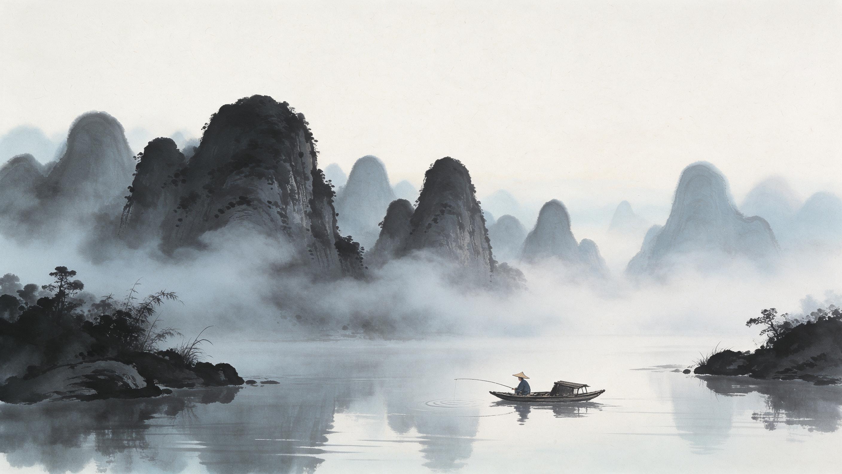 Chinese ink wash painting of misty karst mountains rising above a calm river at dawn. A lone fisherman in a small boat, bamboo hat, soft brushstrokes, negative space sky. Subtle paper texture, monochrome with faint blue wash, horizontal composition.