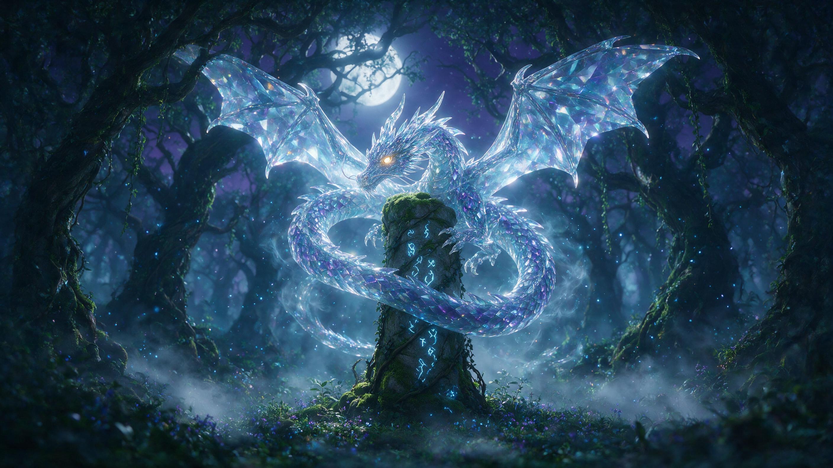 A glowing crystal dragon coiled around an ancient stone pillar in a moonlit enchanted forest, sparkling blue particles in the air, soft mist veiling the ground, deep purple and cyan hues, magical atmosphere, shallow depth of field, warm light from the dragon's eyes