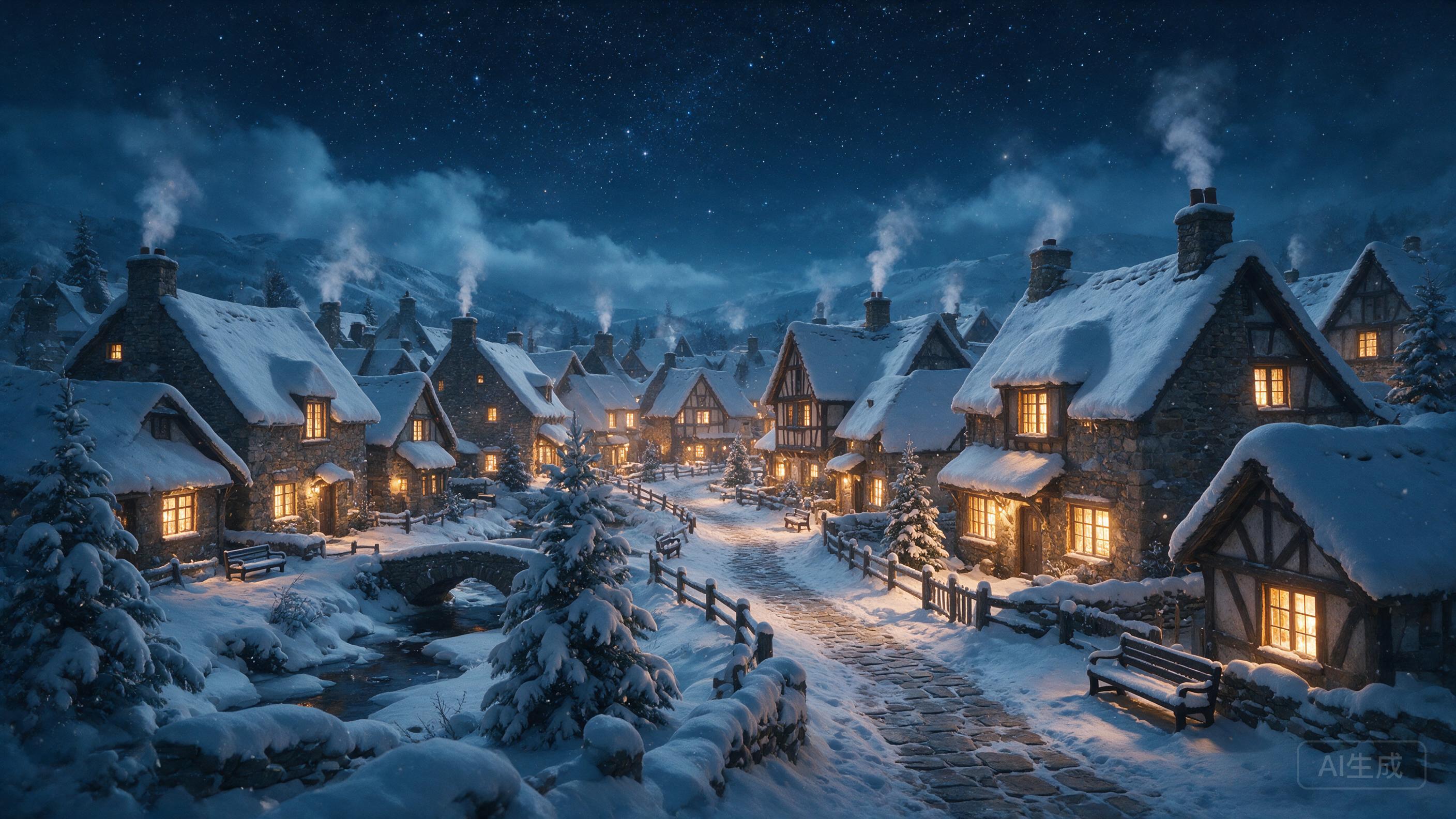 Snow-covered traditional village at night, warm lit windows, starry sky, chimney smoke, peaceful winter atmosphere