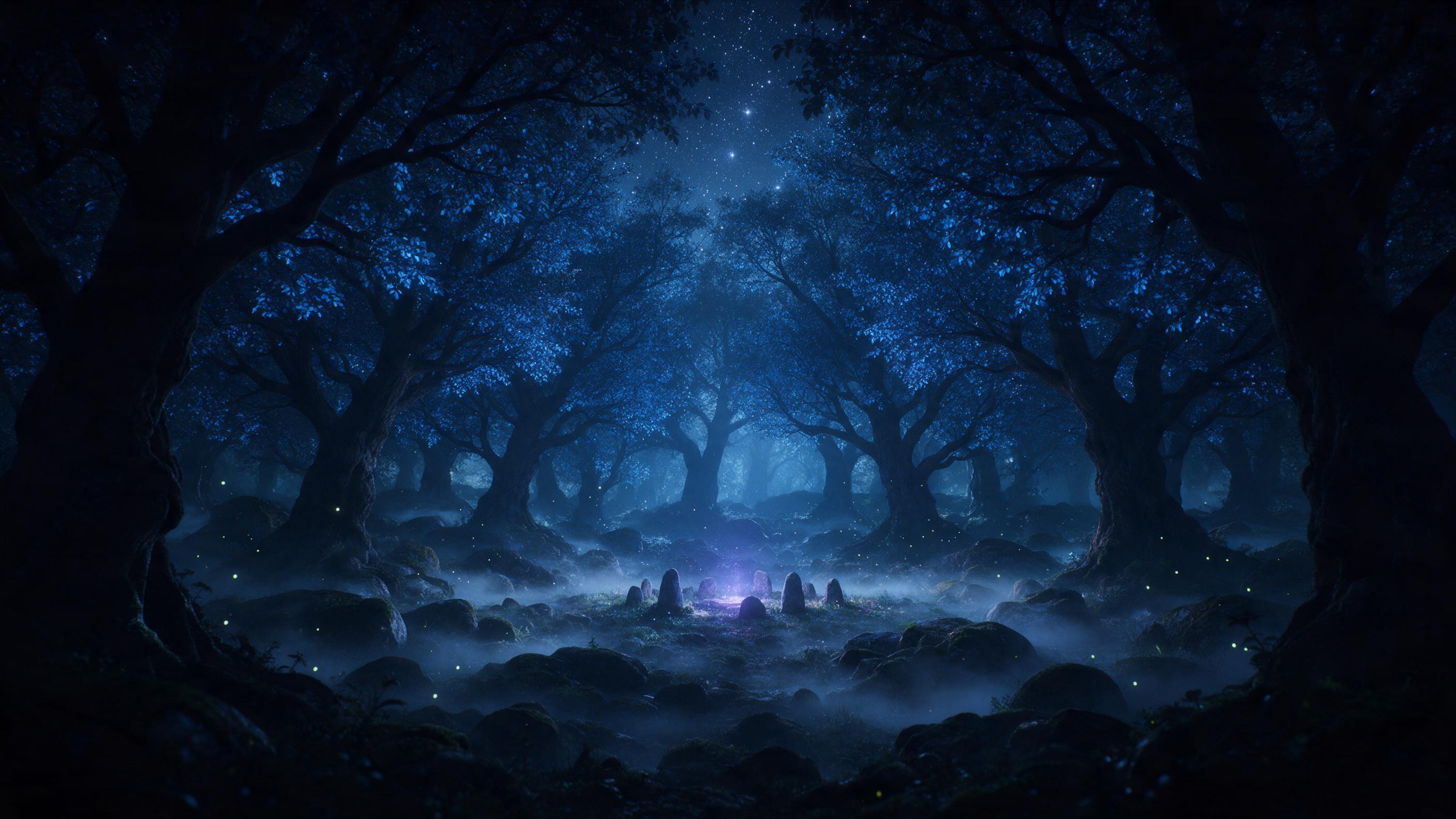 A moonlit enchanted forest clearing, ancient trees with glowing blue leaves, a small stone circle emitting soft violet light, mist weaving between mossy rocks, fireflies drifting, stars visible through canopy, cinematic composition with tree silhouettes framing the scene.