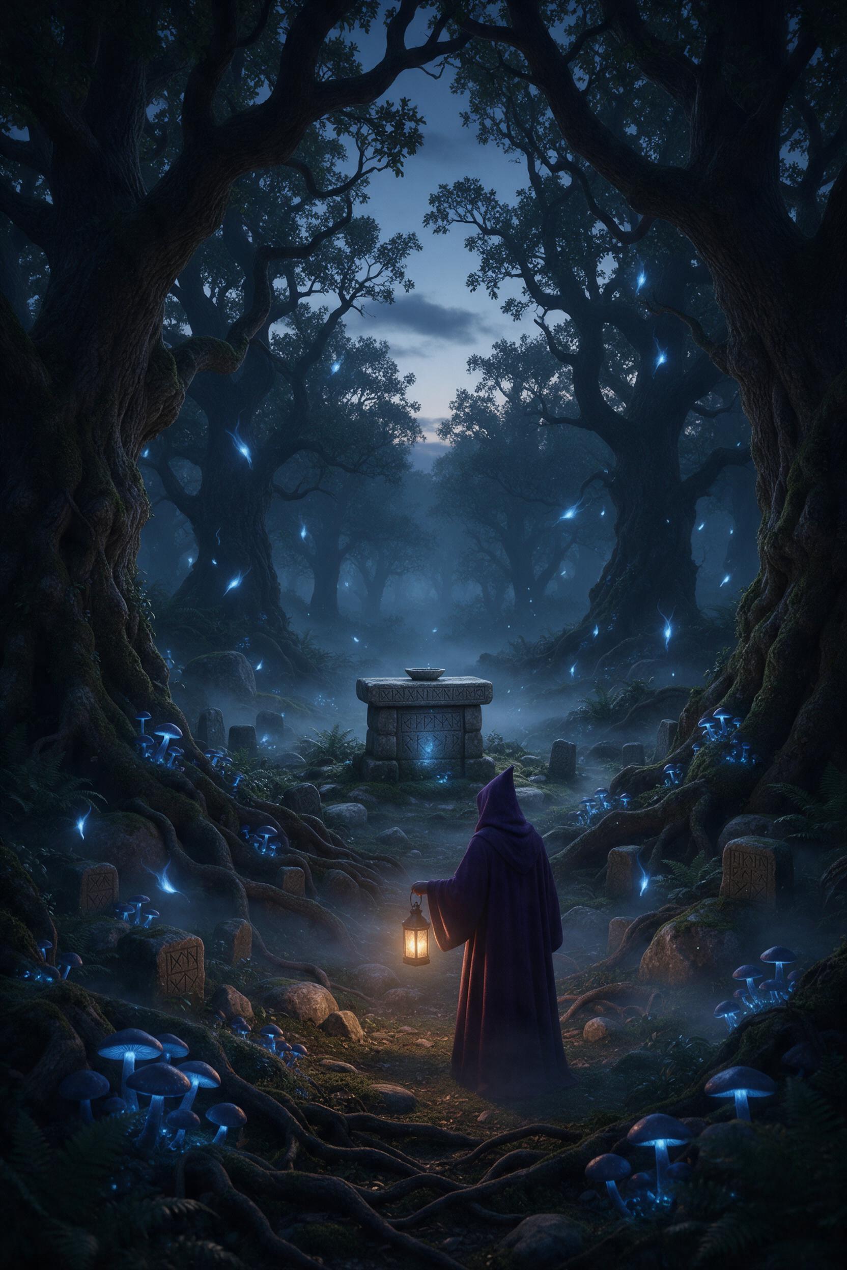 A secluded forest glade at twilight, bioluminescent mushrooms and floating wisps of blue light casting a soft glow among ancient mossy oaks. A small stone altar covered in runes stands at the center, a single hooded figure in deep purple robes approaching it, holding a lantern. Mist curls along the 