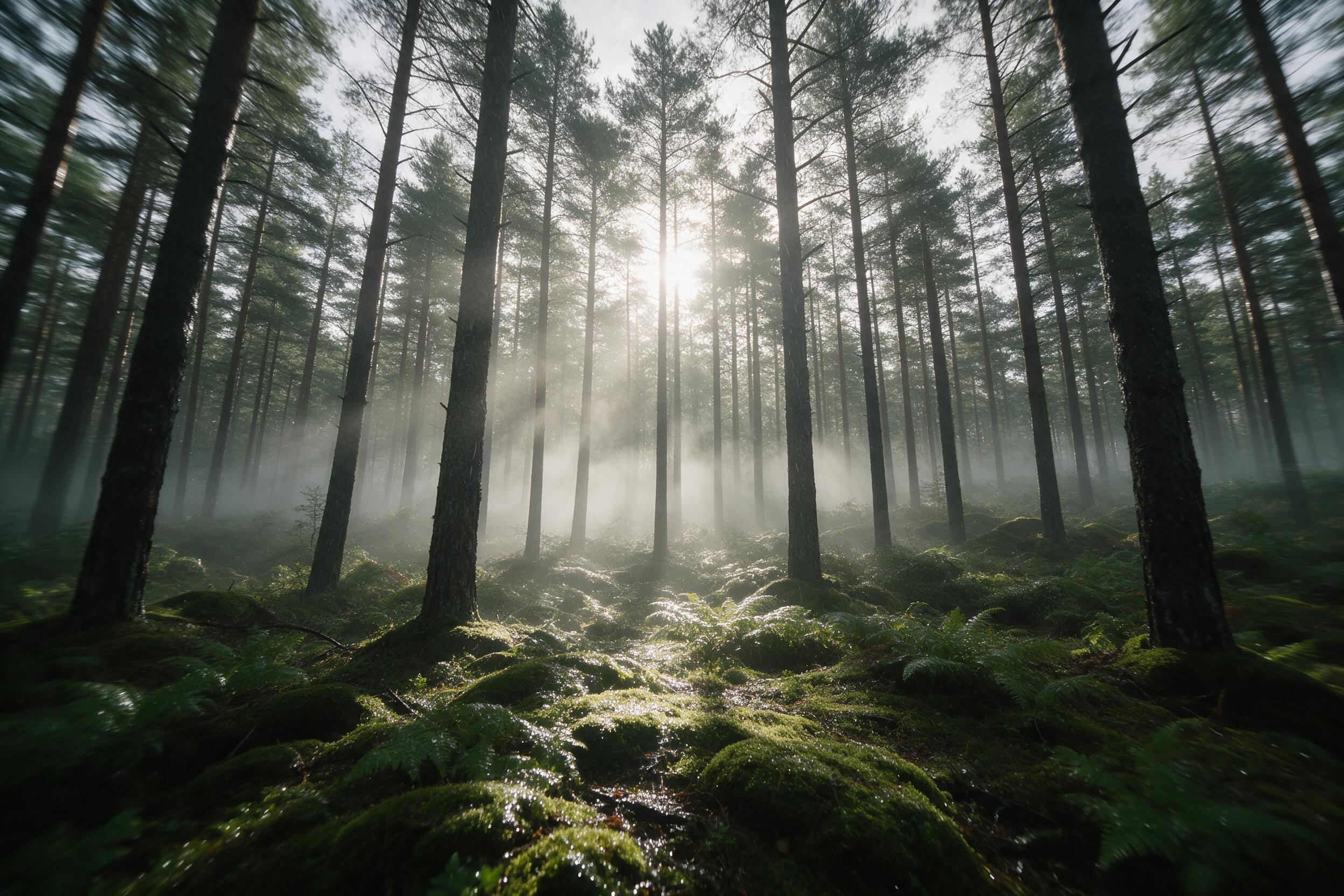 Dense pine forest after light rain, sunbeams piercing through mist, wet moss and ferns glowing in soft backlight, layered mist between tall trunks, slight camera shake, natural airy atmosphere, muted green and grey palette