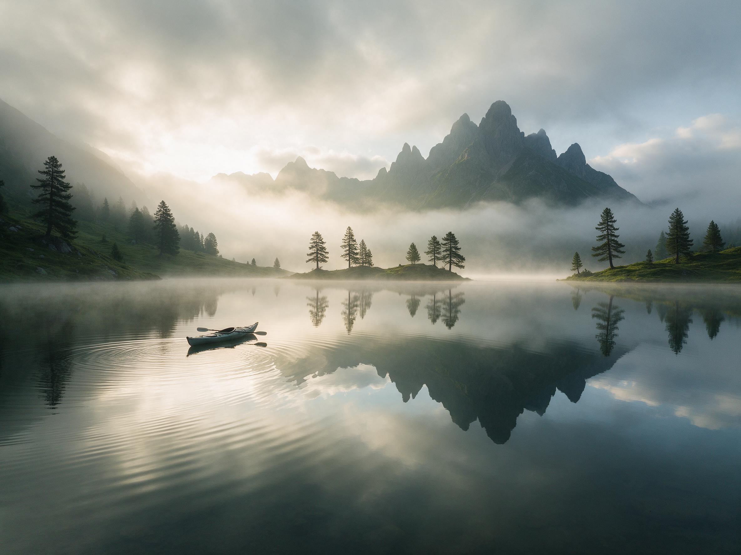 Misty alpine lake at dawn, mirror-calm water reflecting jagged peaks and scattered pine trees, soft golden light breaking through low clouds, a lone kayak with a gentle ripple on the left third, composition balanced with negative space on the right, natural color grading with muted greens and blues.