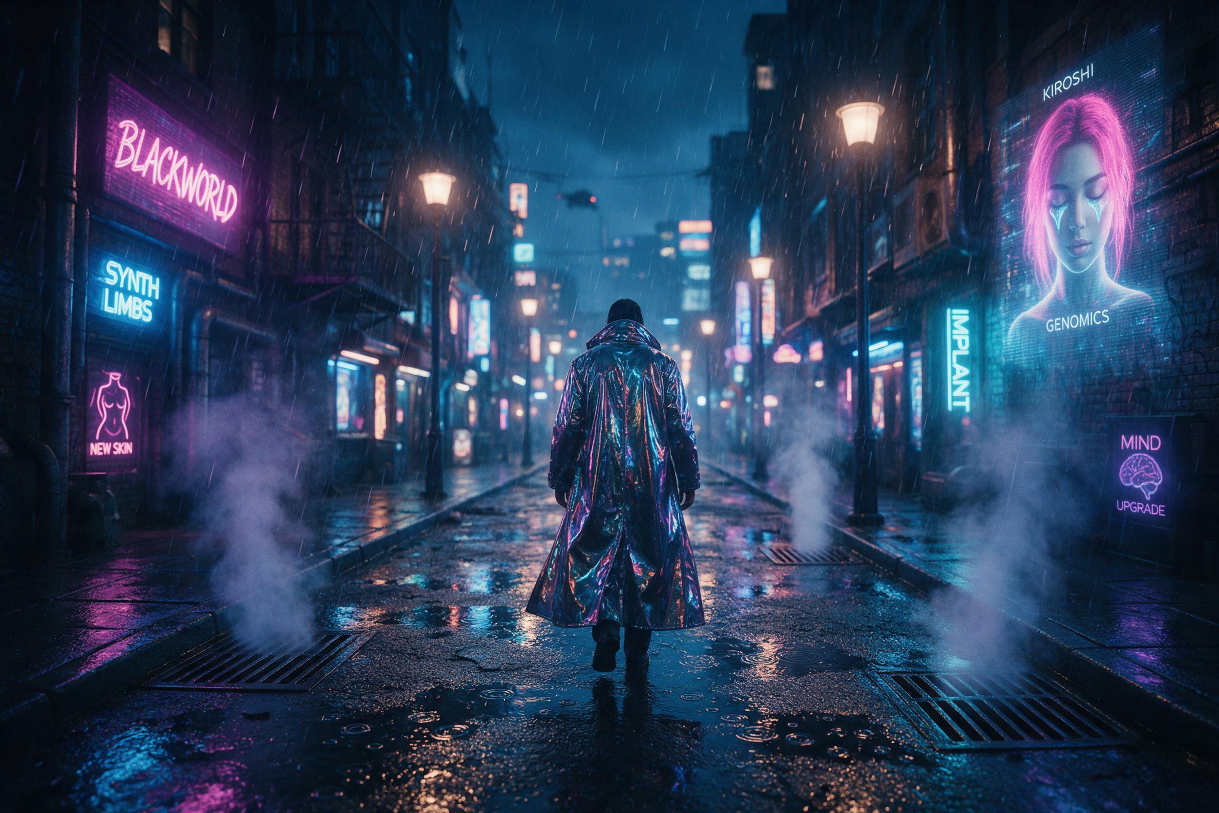 A neon-lit cyberpunk alley in rain, steam rising from vents, holographic advertisements flicker on wet walls, a lone figure in a reflective trench coat walks away, soft glow from street lamps, shallow depth of field with blue and magenta color palette, slight motion blur on rain drops