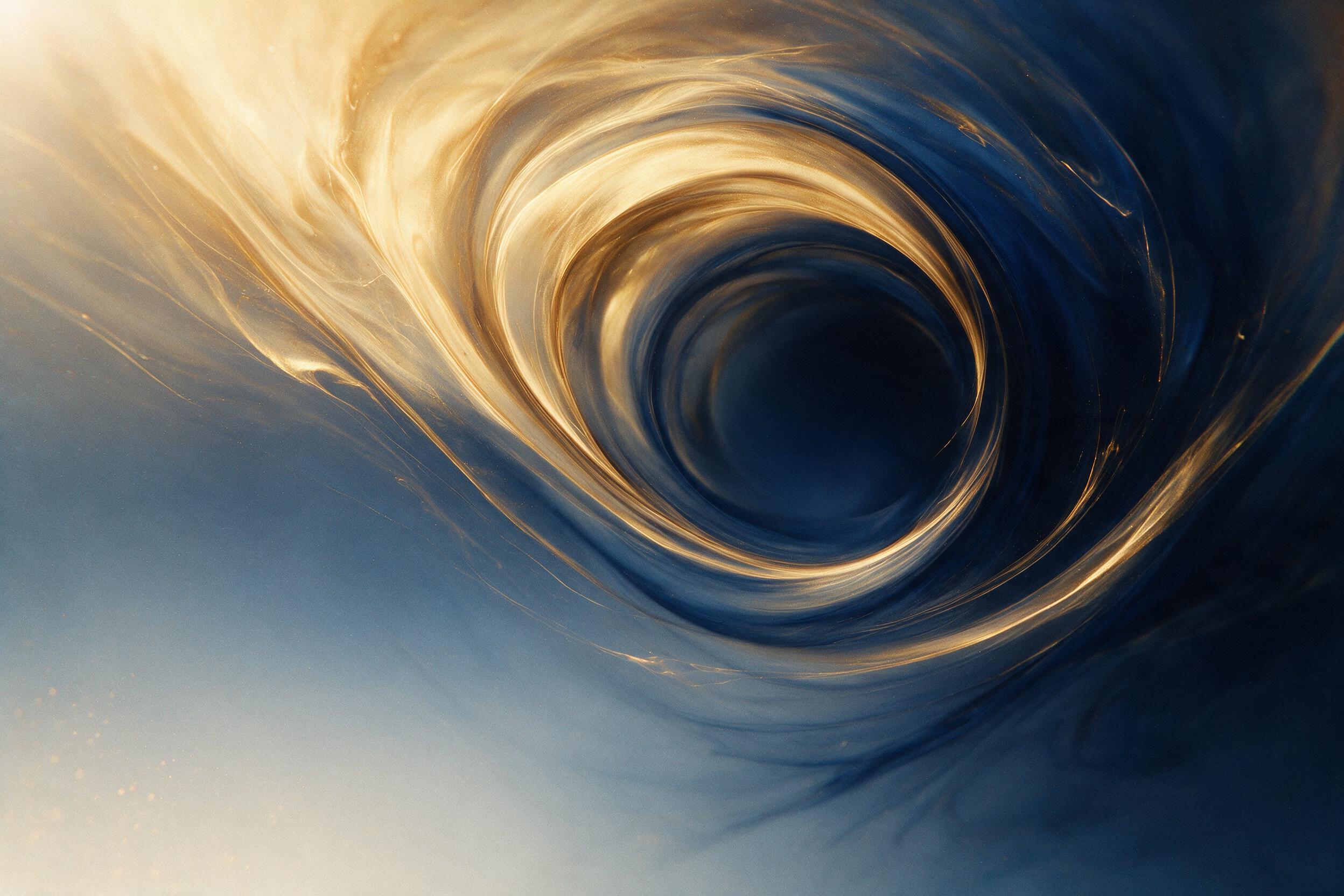 A swirling vortex of molten gold and deep indigo, fluid shapes wrap around a central void, soft gradients from top-left to bottom-right, slight grain and subtle light leaks, minimal composition with negative space