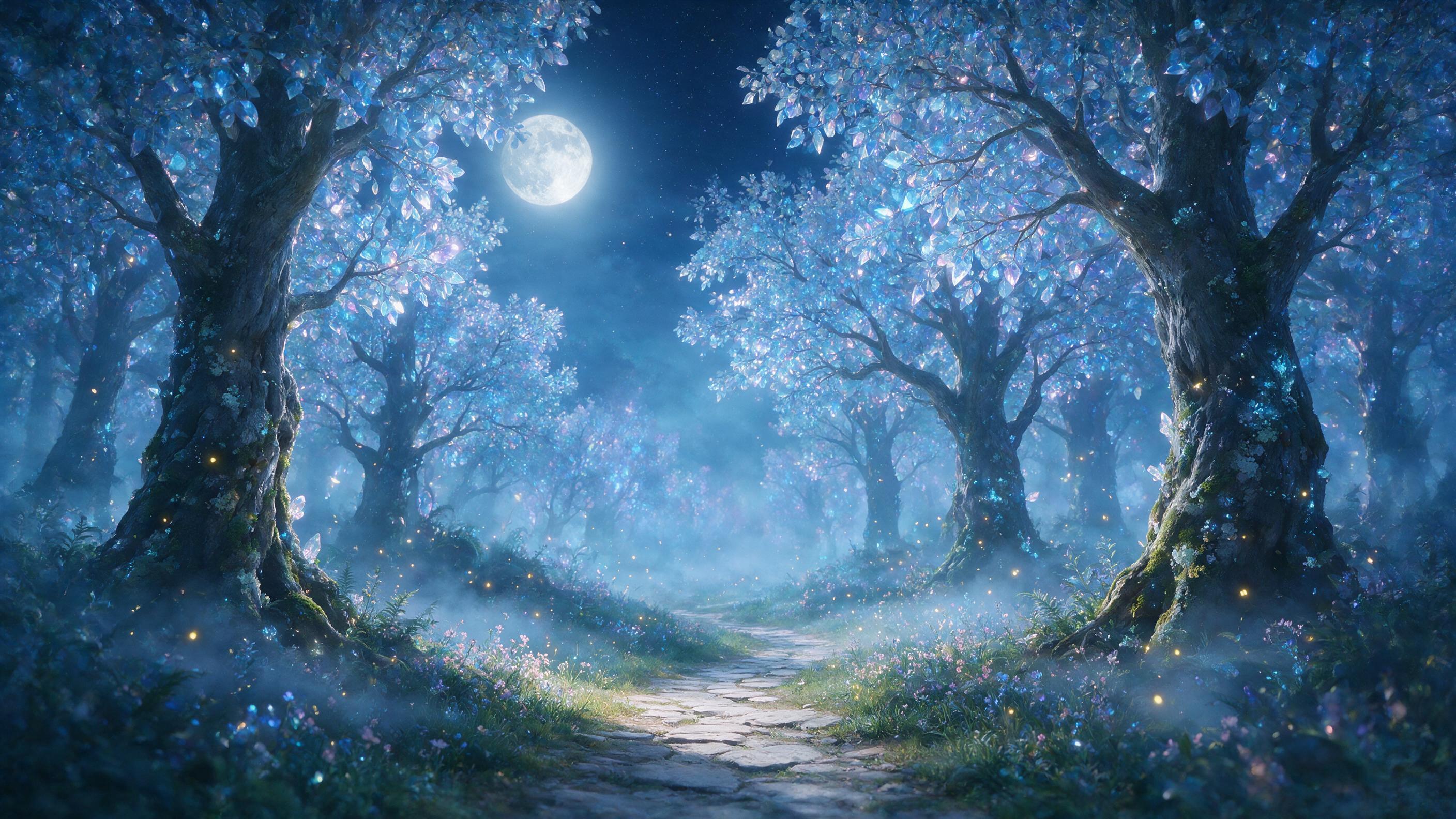A moonlit crystalline forest, ancient glowing trees with translucent leaves, ethereal blue light filtering through mist, a small stone path winding into the distance, fireflies drifting, soft fog hugging the ground, painterly digital art with rich texture and subtle color variation