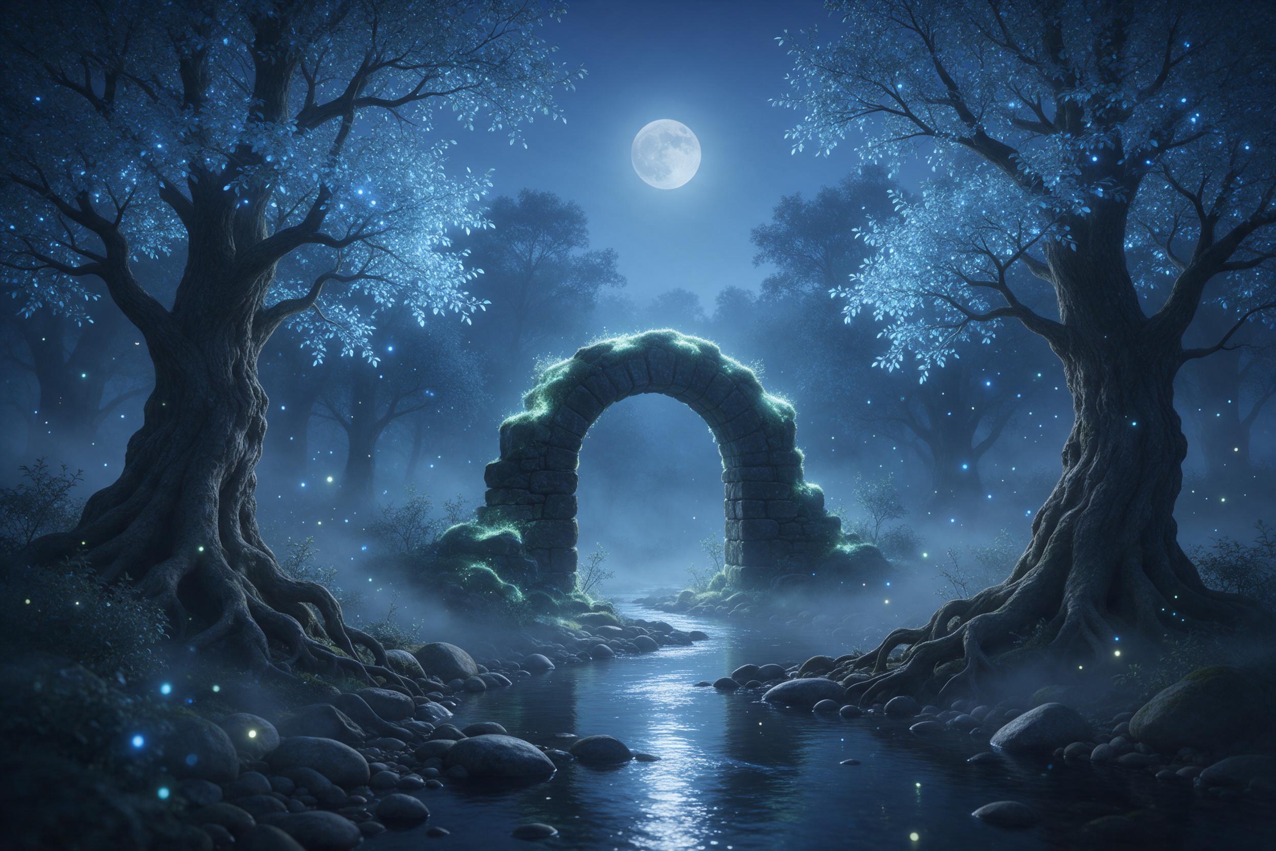 A misty twilight forest where ancient, gnarled trees have translucent, glowing blue leaves, a small stream reflects the pale moon, tiny fireflies and glowing spores drift in the air, soft fog twists between trunks, a stone archway overgrown with luminous moss, cool color palette, ethereal and myster