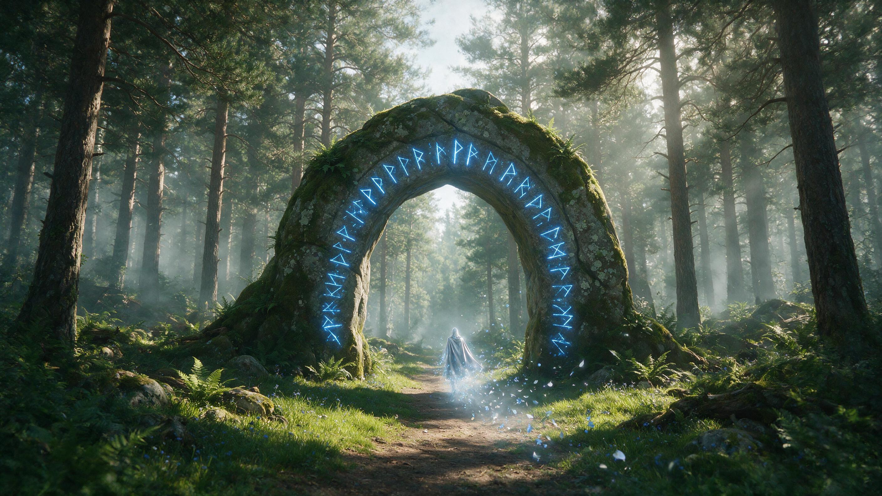 An ancient, moss-covered stone archway stands in a misty forest, glowing blue runes etched along its curve. Soft morning light filters through towering pines, casting long shadows on the fern-covered ground. A faint ethereal figure in a flowing silver cloak walks toward the arch, leaving a trail of 