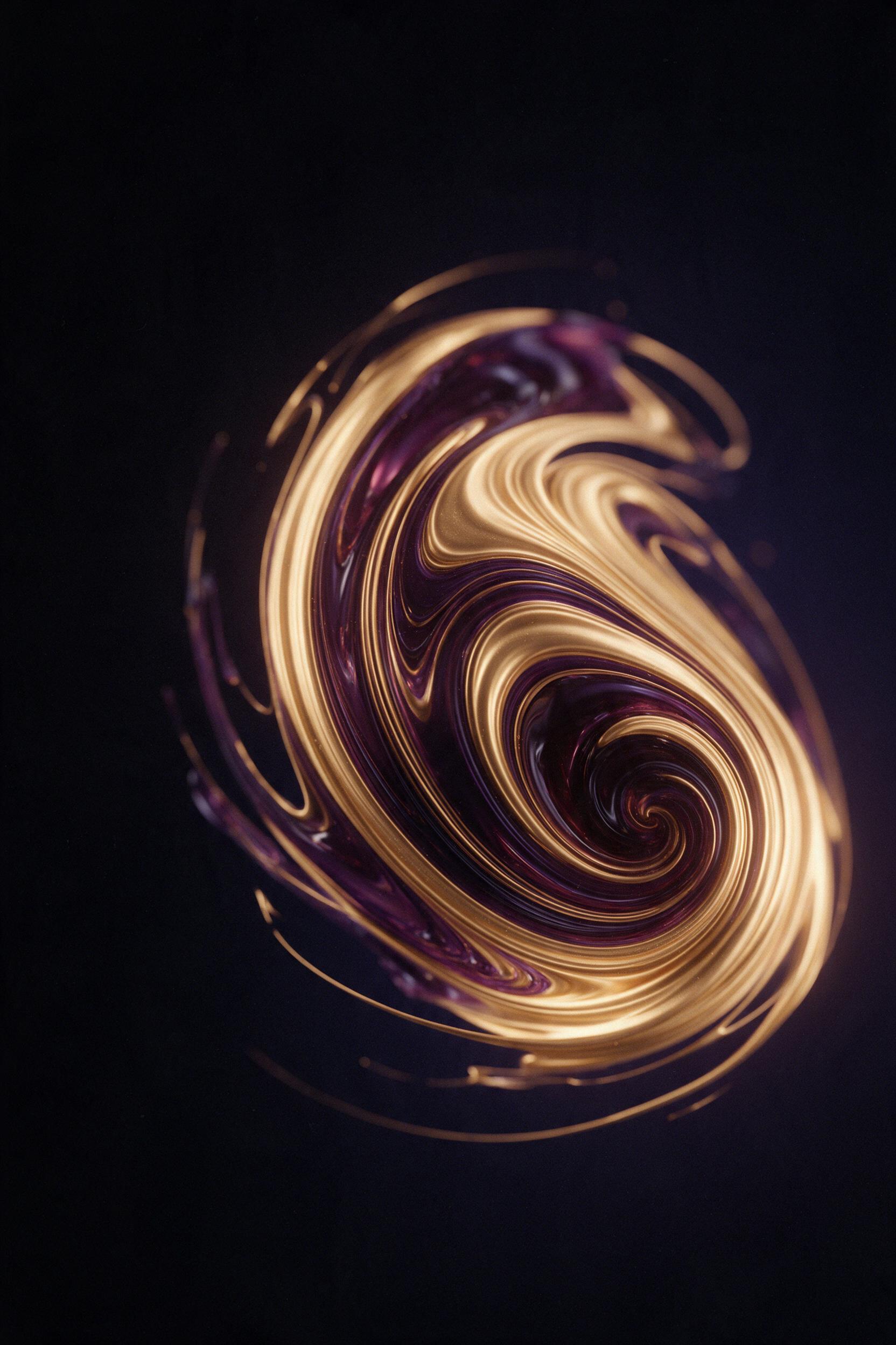 Liquid marble swirl of molten gold and deep violet merging in a dark void, delicate light refracting through swirling patterns, subtle film grain, shallow depth of field, minimal composition with negative space