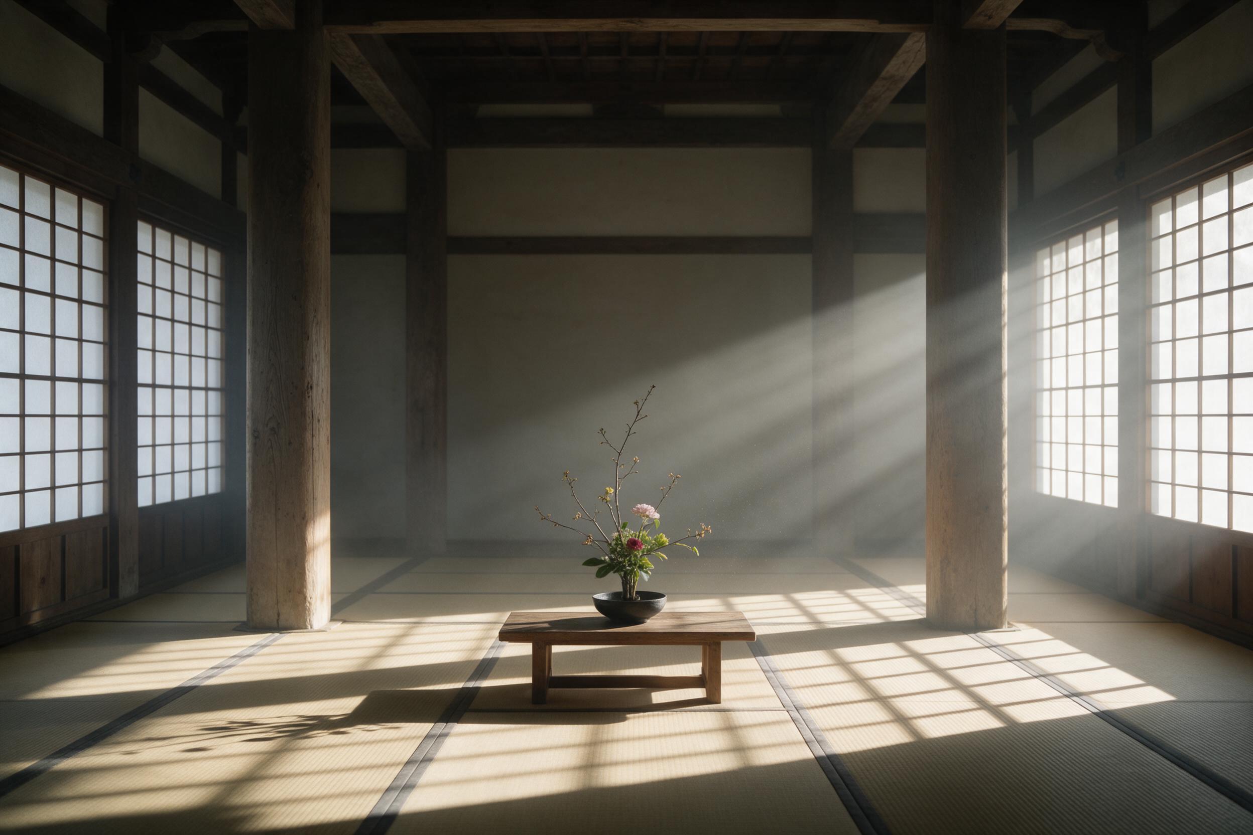 A minimalist Japanese temple interior at dawn, soft volumetric light through shoji screens, casting geometric shadows on tatami mats. The wooden pillars are weathered, with subtle dust motes in the light beams. A single ikebana flower arrangement on a low table. Composition centered, symmetrical, wi