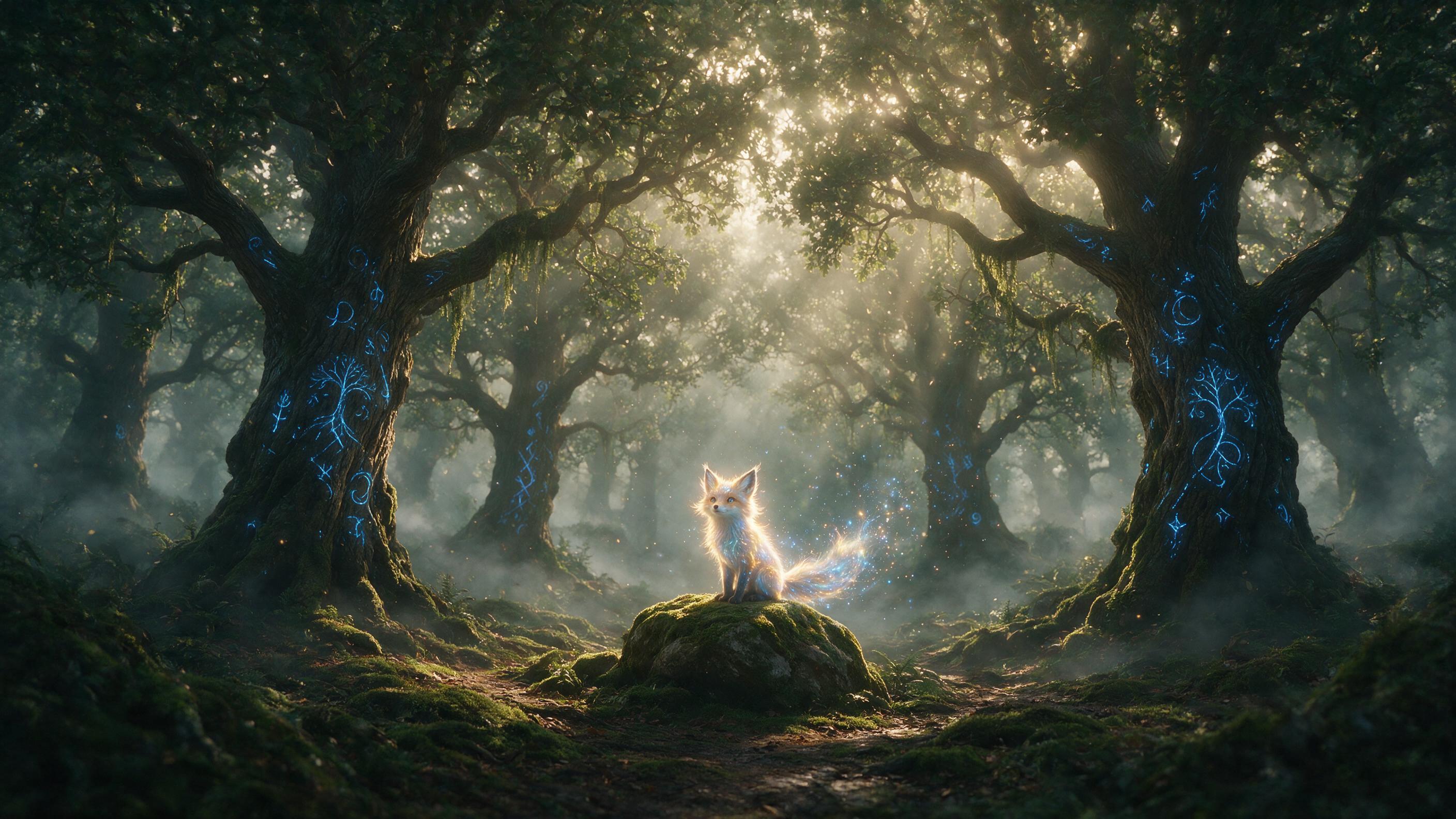 A misty forest at dawn, ancient oak trees with glowing blue runes carved into bark, a small glowing fox with ethereal light trailing from its tail sits on a mossy rock, soft god rays pierce the canopy, floating pollen particles, shallow depth of field, cinematic composition, muted earthy tones with 