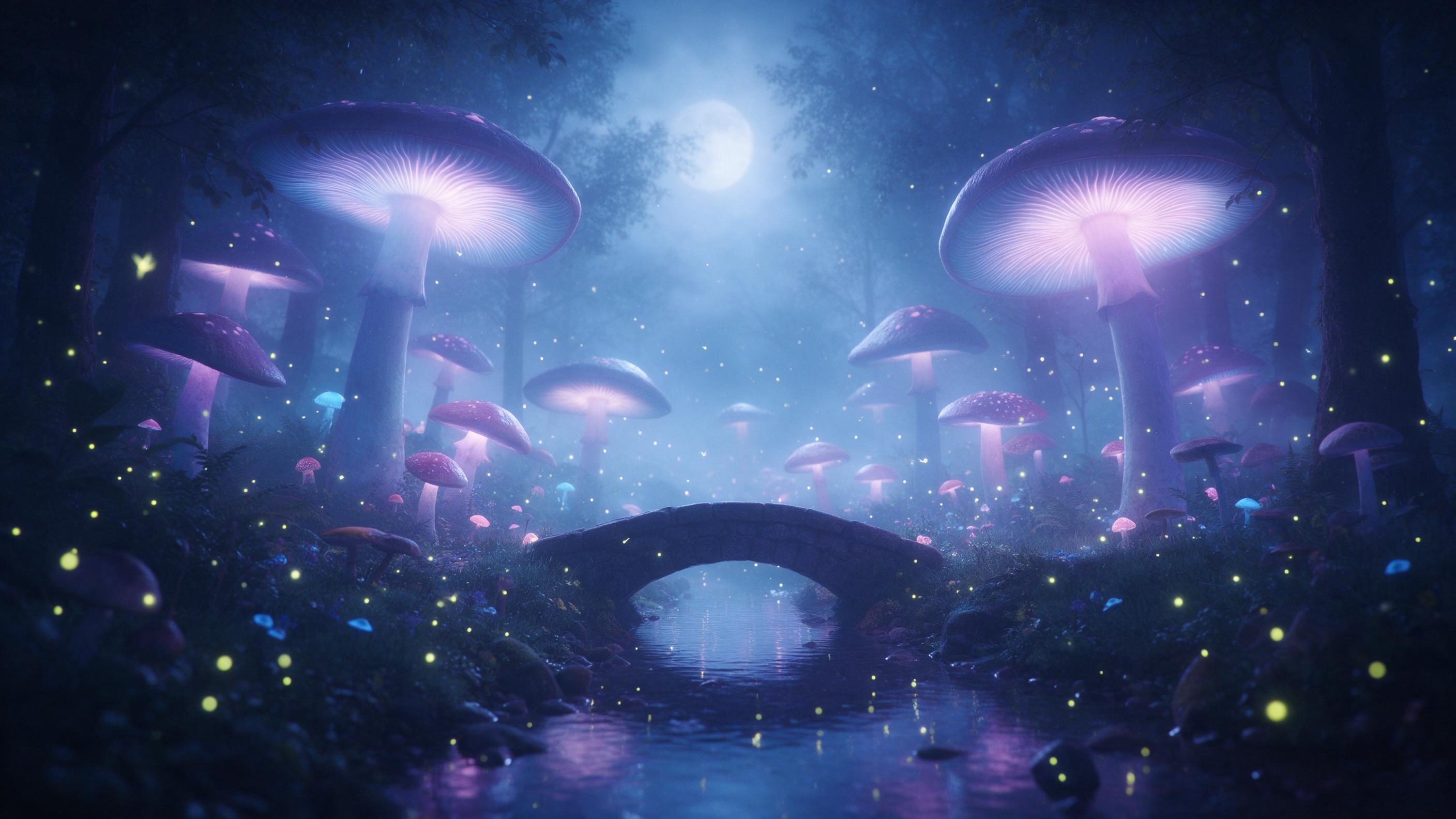A misty moonlit forest with giant glowing mushrooms and fireflies, a small stone bridge over a reflective stream, ethereal blue and purple tones, soft volumetric light, cinematic composition, tranquil and mysterious atmosphere