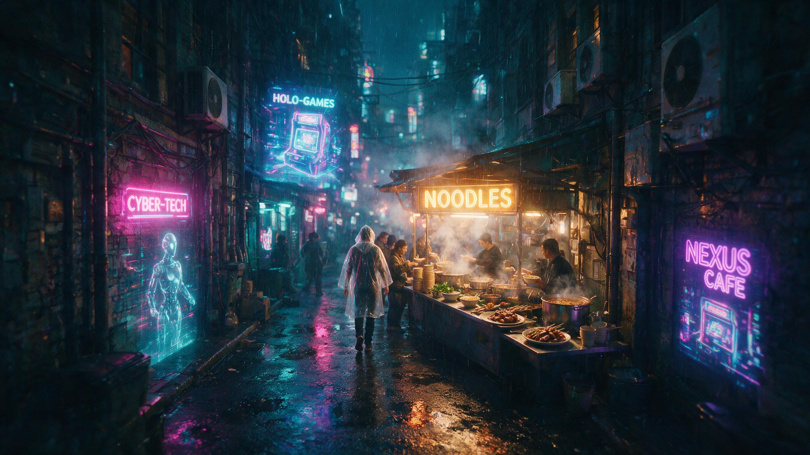 A rainy neon-lit alley in a cyberpunk city, holographic advertisements flicker on wet concrete, a lone figure in a transparent raincoat walks toward a glowing noodle stand, steam rises from the grill, reflections mirror the pink and cyan lights, slight motion blur and film grain, shallow depth of fi