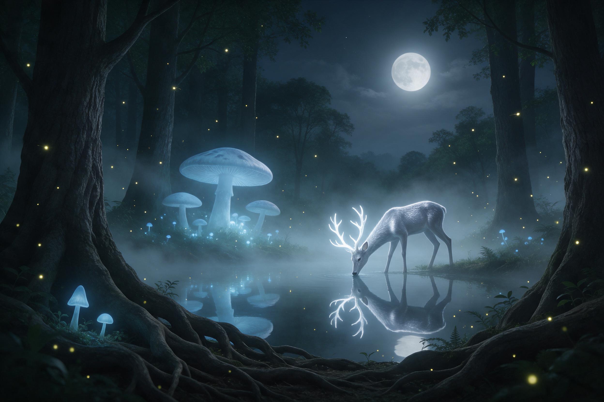 A moonlit ancient forest clearing, giant bioluminescent mushrooms casting soft blue glow, a silver deer with glowing antlers drinking from a mirror-like pond, fireflies drifting, mist weaving between gnarled roots, deep emerald shadows, gentle fog backlit by moonlight, ethereal atmosphere