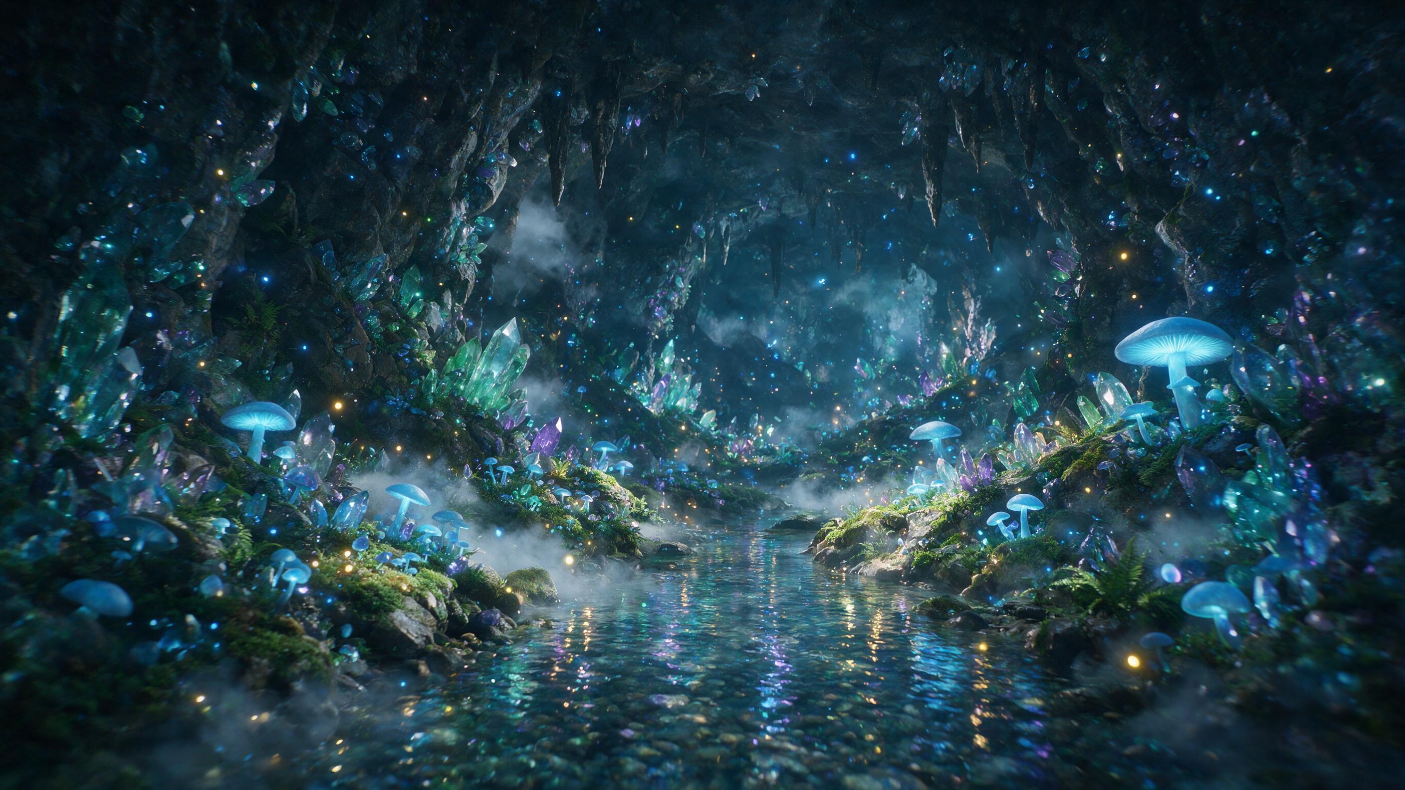 A luminous crystal cave deep underground, glowing blue mushrooms and floating orbs of light, a small stream reflecting the bioluminescence, mist swirling, slight camera shake, ethereal atmosphere