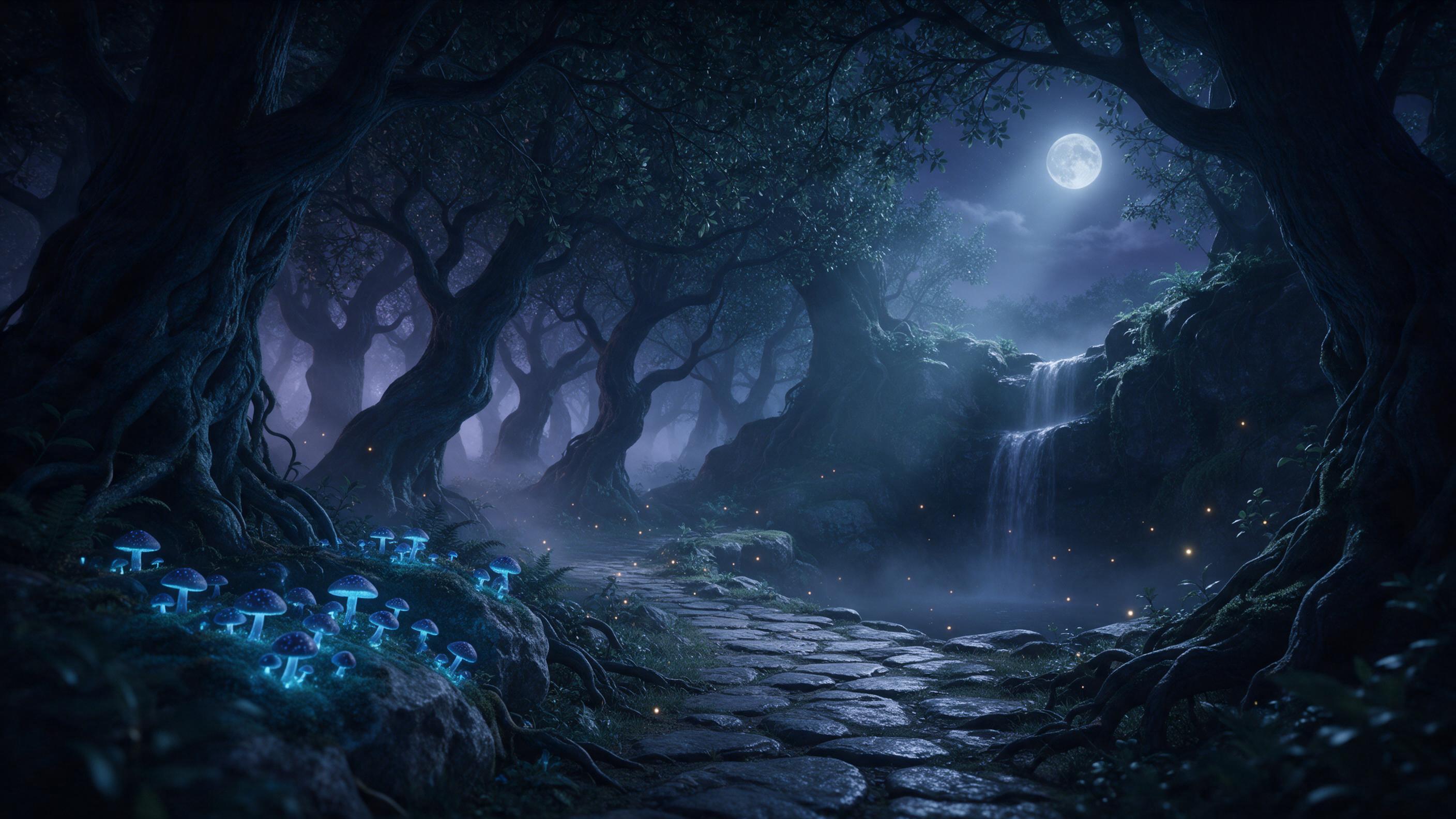 A moonlit enchanted forest with glowing blue mushrooms and fireflies, a stone path leading to a hidden waterfall, soft mist between ancient gnarled trees, ethereal pale light rays breaking through the canopy, muted teal and violet palette, dreamy atmosphere with a subtle fantasy realism