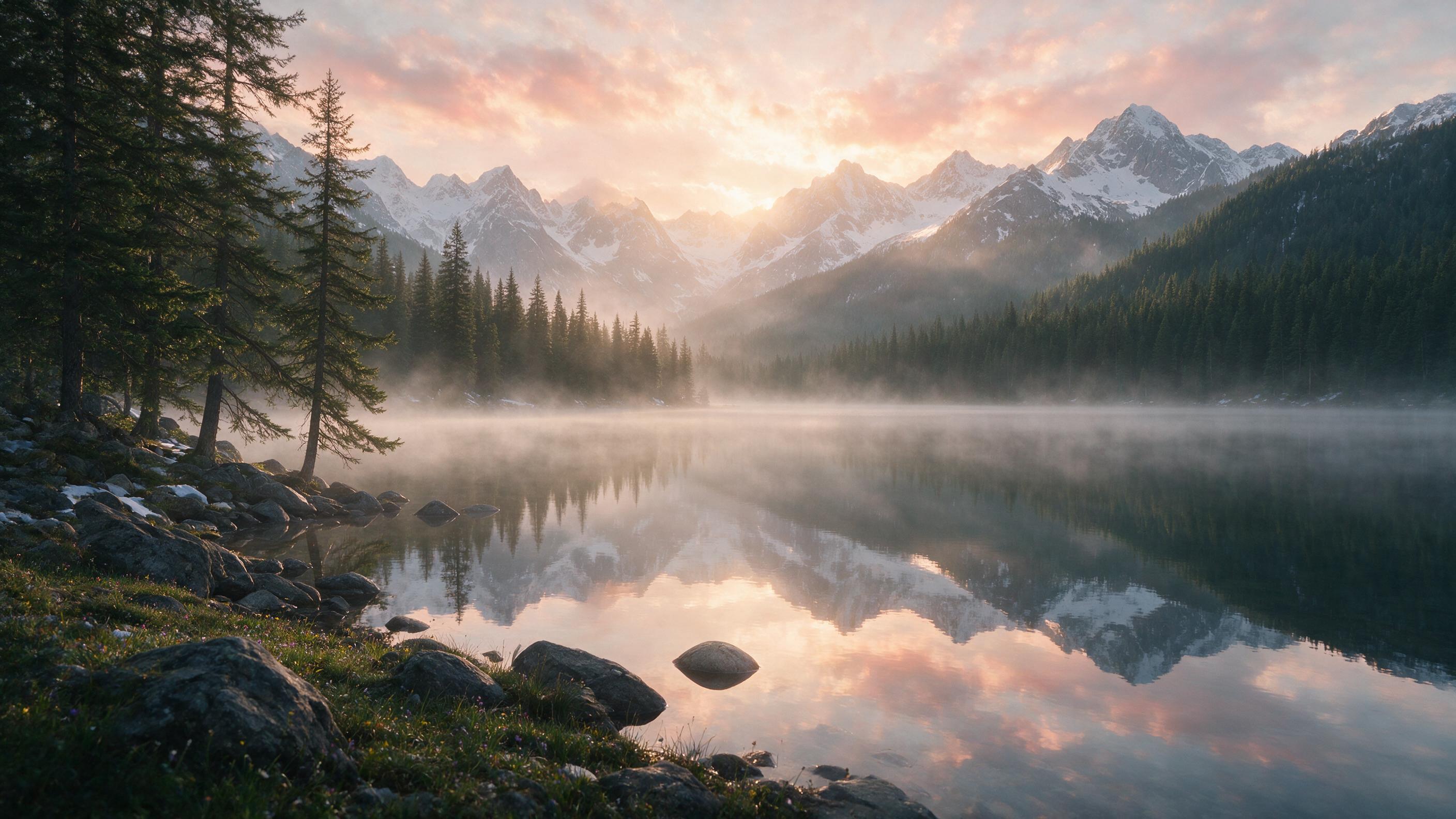 A misty mountain lake at dawn, smooth water reflecting snow-capped peaks and pine forests, soft golden light filtering through clouds, calm atmosphere, slight haze over the water, natural lighting, wide-angle composition